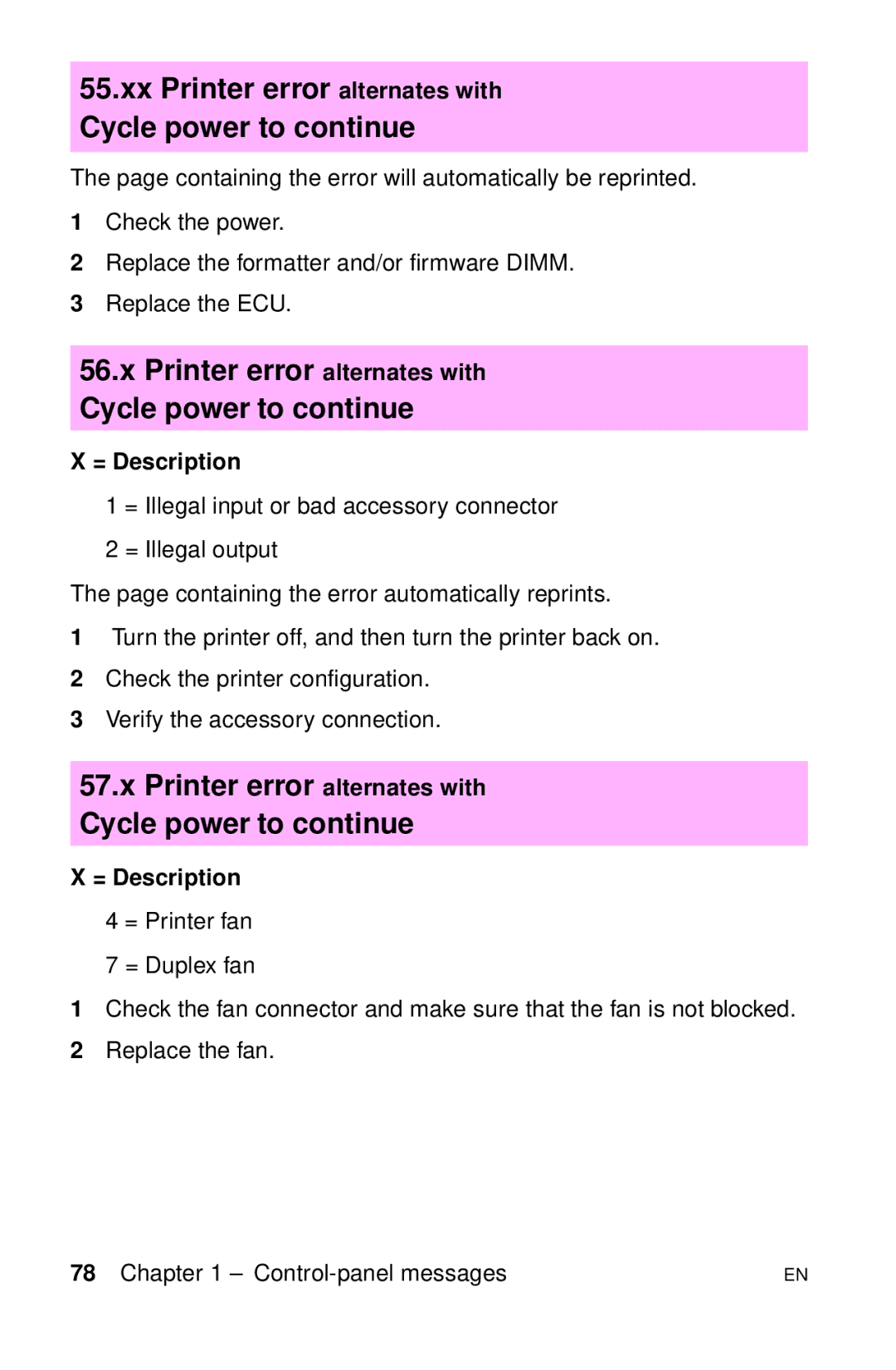 HP LJ 4000TN, LJ 2100M, LJ 2100TN, LJ 1100AXI, LJ 1100SE manual Xx Printer error alternates with Cycle power to continue 