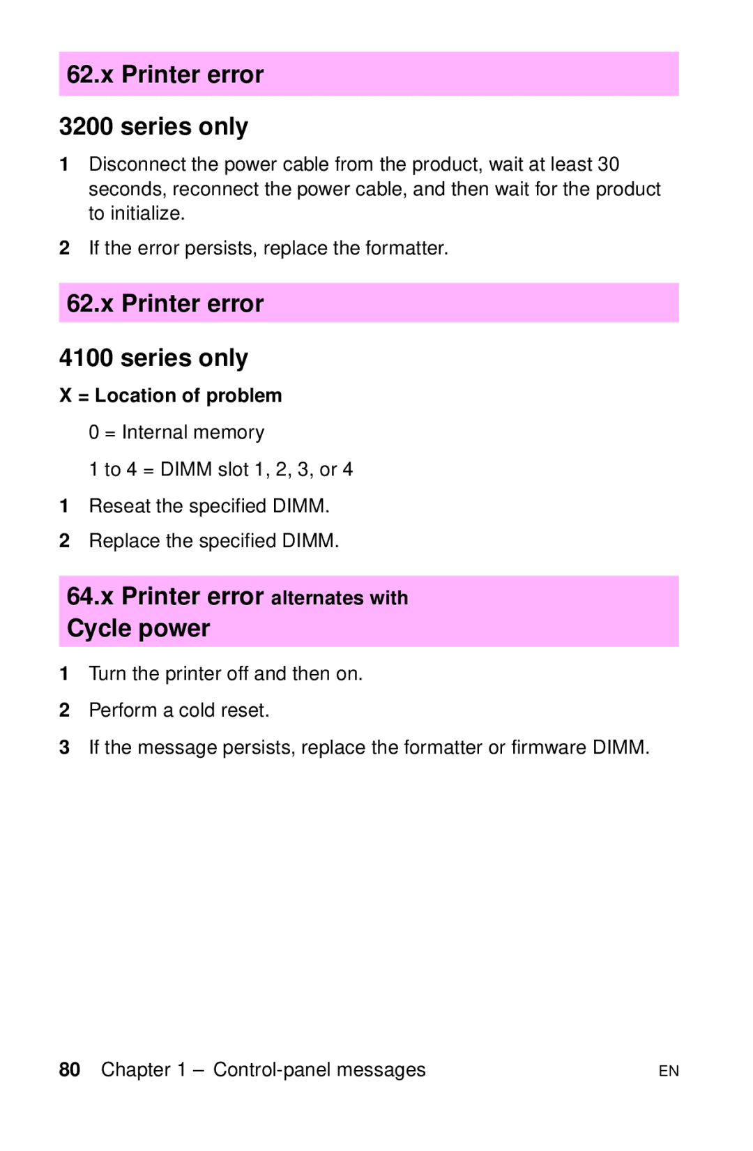 HP LJ 2100M, LJ 4000TN manual Printer error Series only, Printer error alternates with Cycle power, = Location of problem 