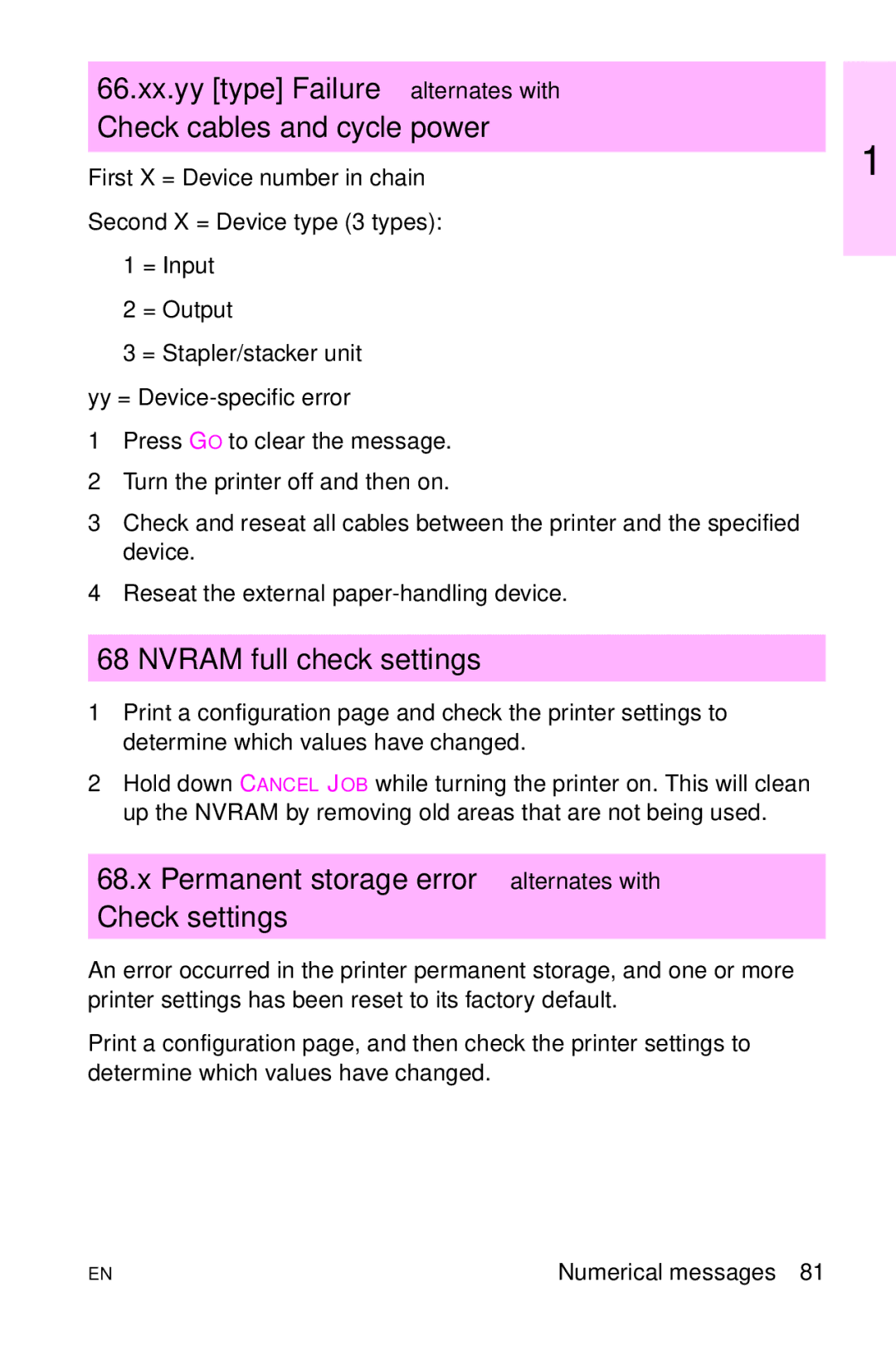 HP LJ 2100 Nvram full check settings, Permanent storage error alternates with Check settings, Yy = Device-specific error 