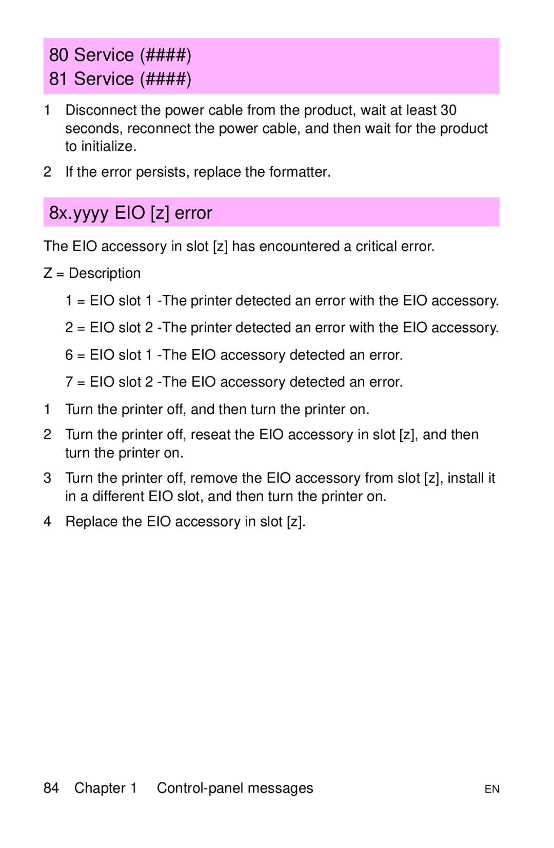 HP LJ 1100AXI, LJ 4000TN, LJ 2100M, LJ 2100TN, LJ 1100SE, LJ 1100ASE manual Service ####, 8x.yyyy EIO z error 