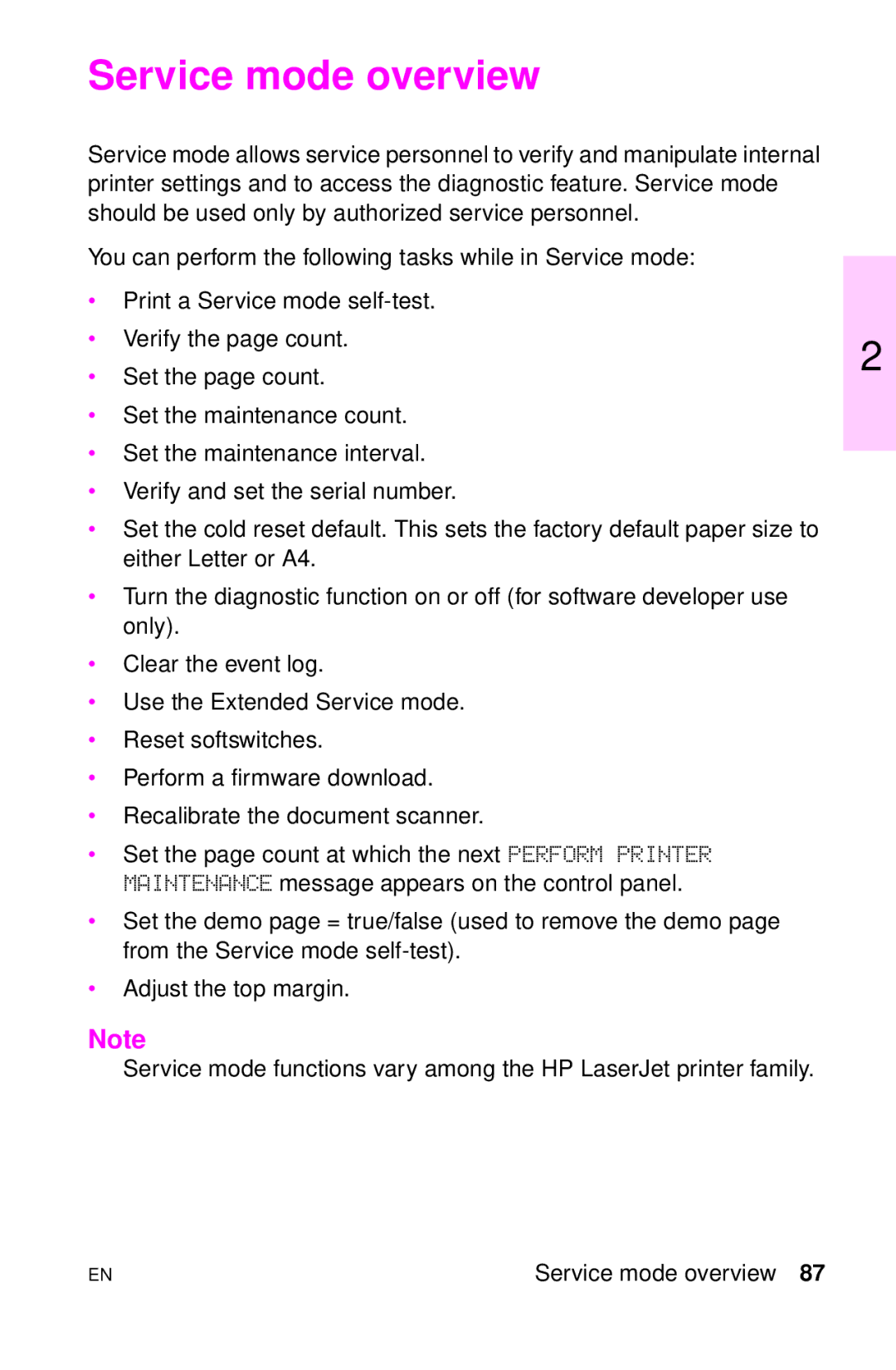 HP LJ 4000TN, LJ 2100M, LJ 2100TN, LJ 1100AXI, LJ 1100SE, LJ 1100ASE manual Service mode overview 