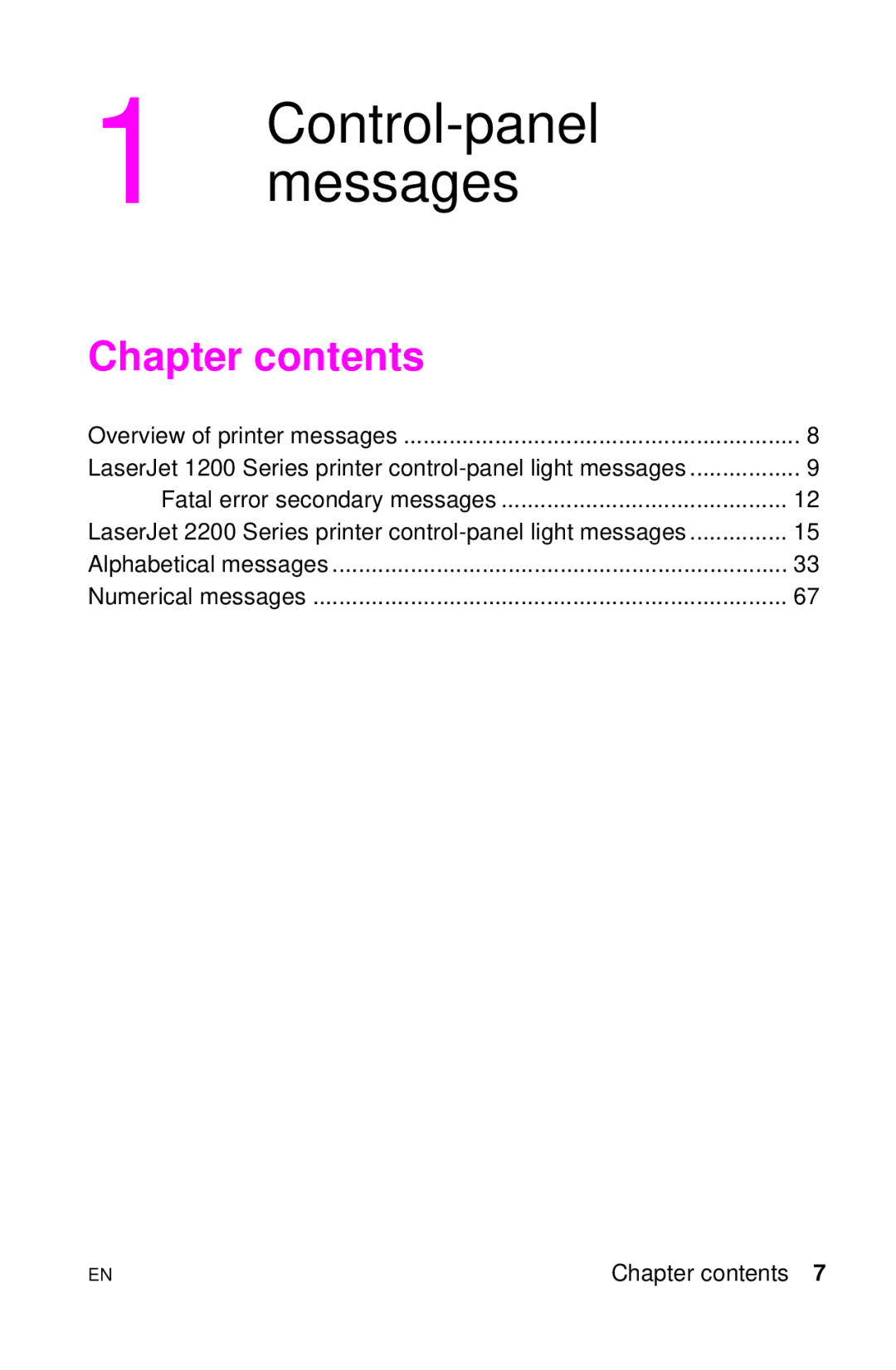 HP LJ 4000TN, LJ 2100M, LJ 2100TN, LJ 1100AXI, LJ 1100SE, LJ 1100ASE manual Control-panel messages, Chapter contents 