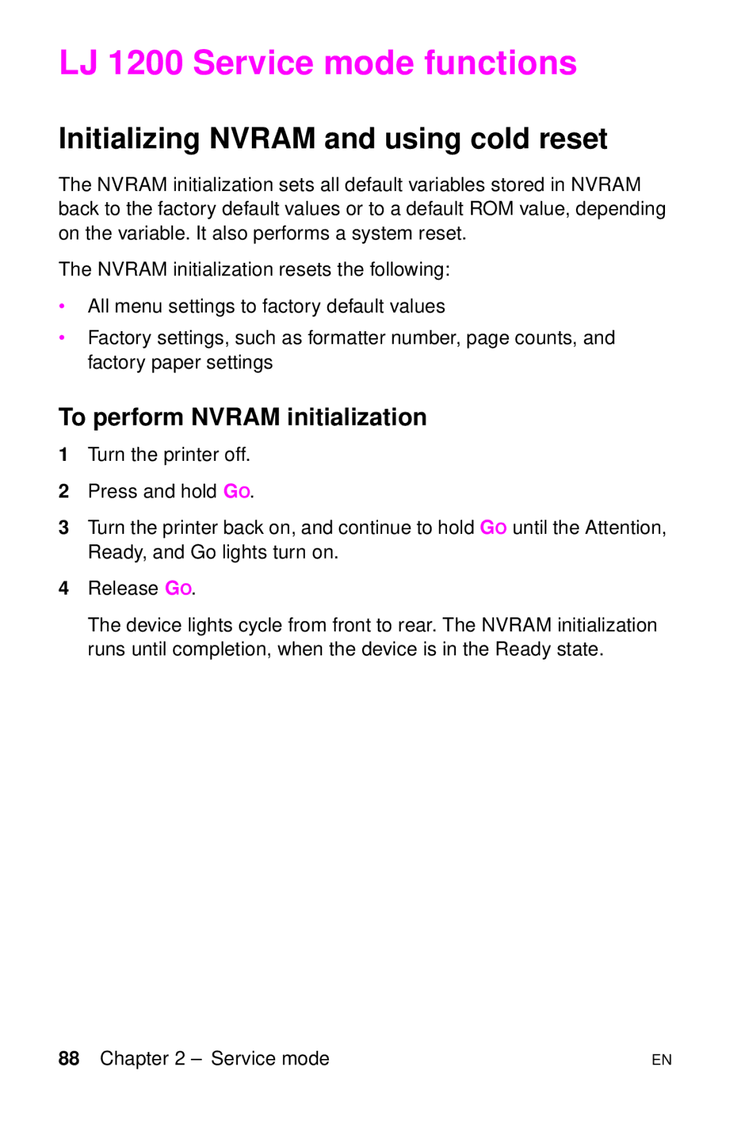 HP LJ 4000TN LJ 1200 Service mode functions, Initializing Nvram and using cold reset, To perform Nvram initialization 