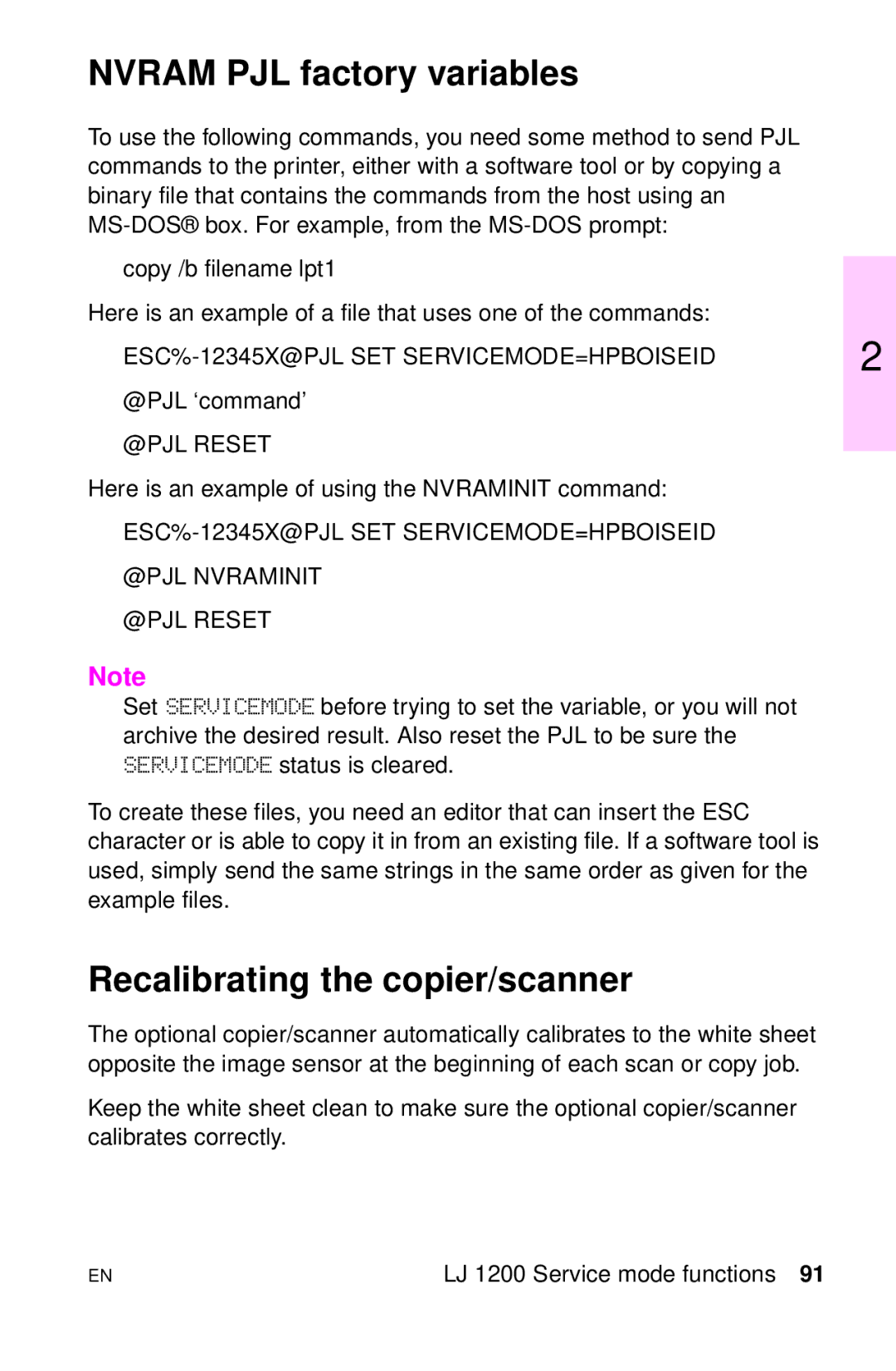HP LJ 4000TN, LJ 2100M, LJ 2100TN, LJ 1100AXI, LJ 1100SE Nvram PJL factory variables, Recalibrating the copier/scanner 