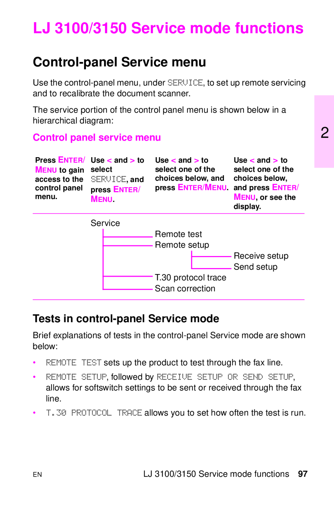 HP LJ 4000TN, LJ 2100 LJ 3100/3150 Service mode functions, Control-panel Service menu, Tests in control-panel Service mode 