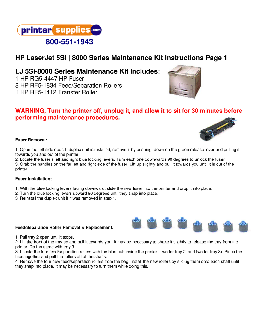 HP LJ 5Si-8000 manual Fuser Removal, Fuser Installation, Feed/Separation Roller Removal & Replacement 