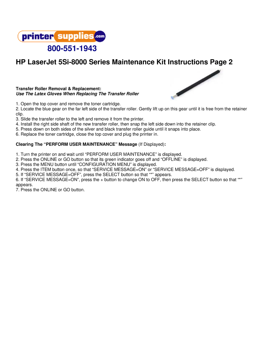 HP LJ 5Si-8000 manual HP LaserJet 5Si-8000 Series Maintenance Kit Instructions, Transfer Roller Removal & Replacement 