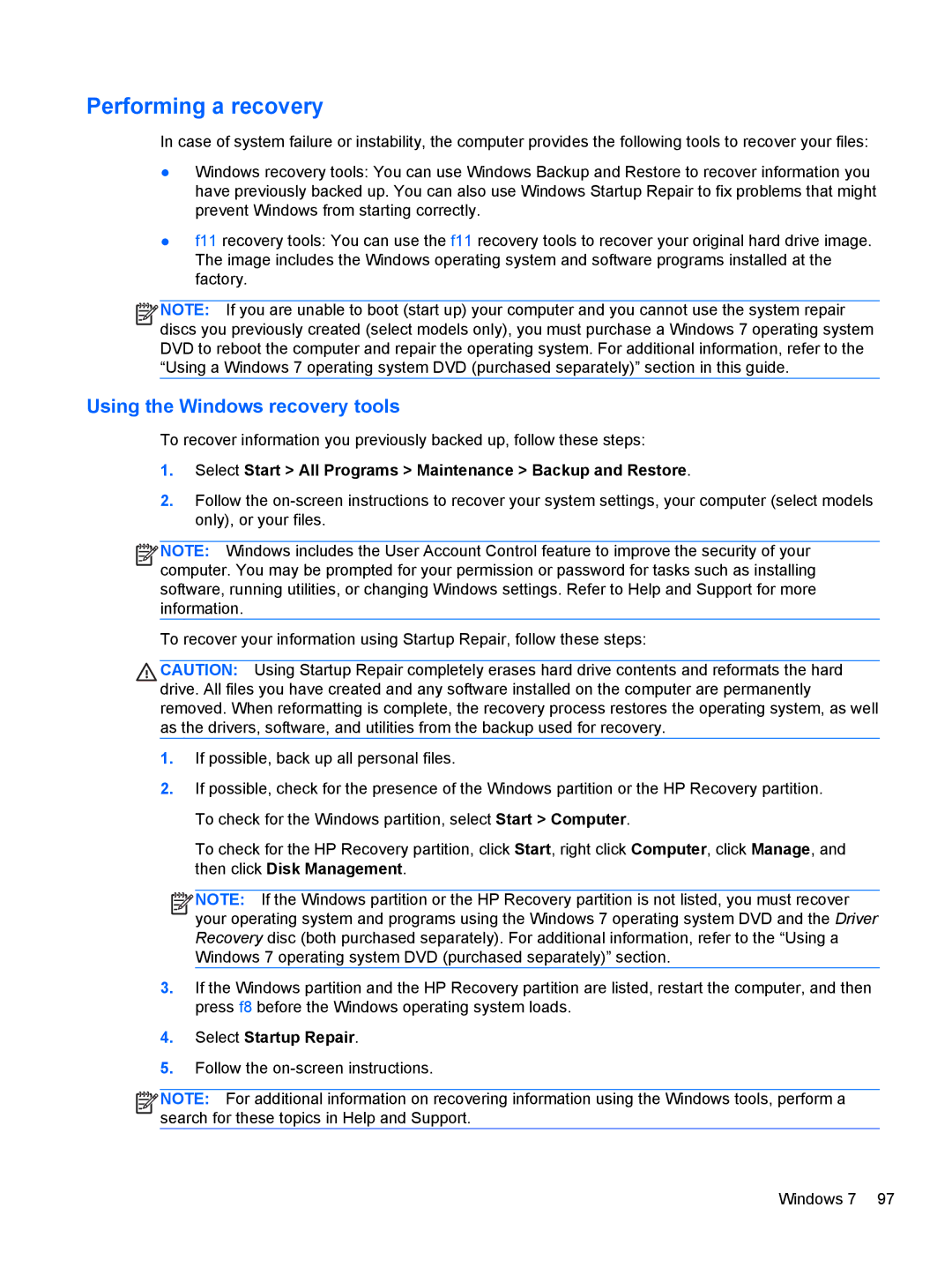 HP LJ461UT manual Performing a recovery, Using the Windows recovery tools 