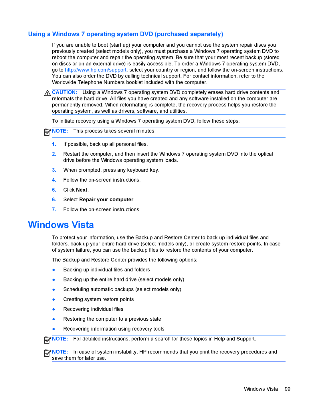 HP LJ461UT manual Windows Vista, Using a Windows 7 operating system DVD purchased separately 