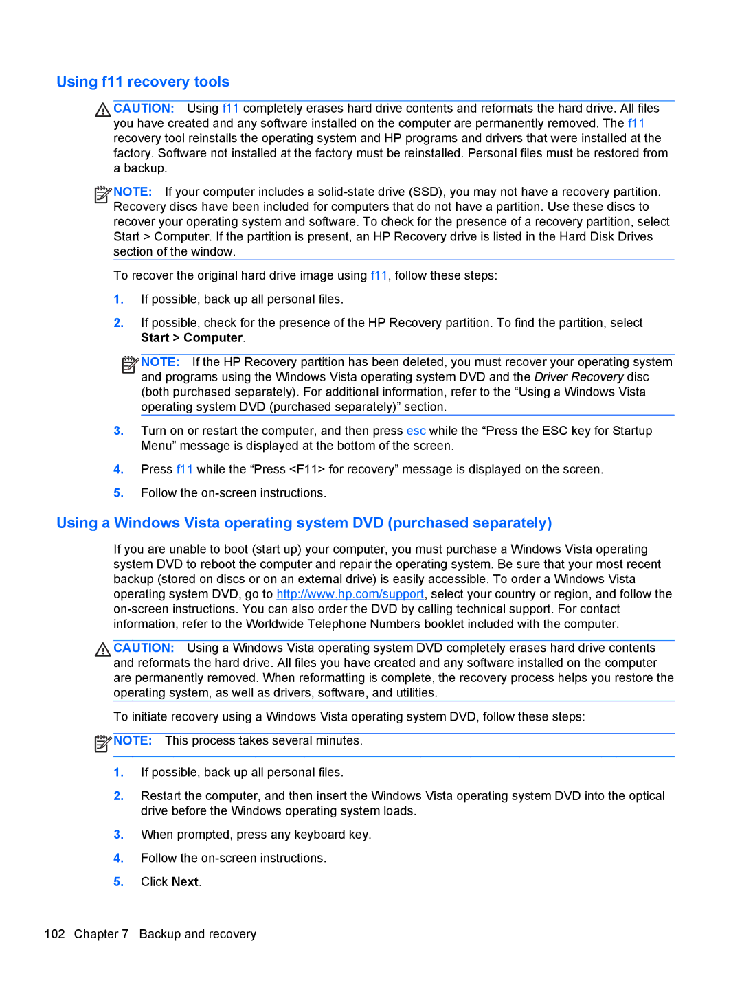 HP LJ461UT manual Using f11 recovery tools 