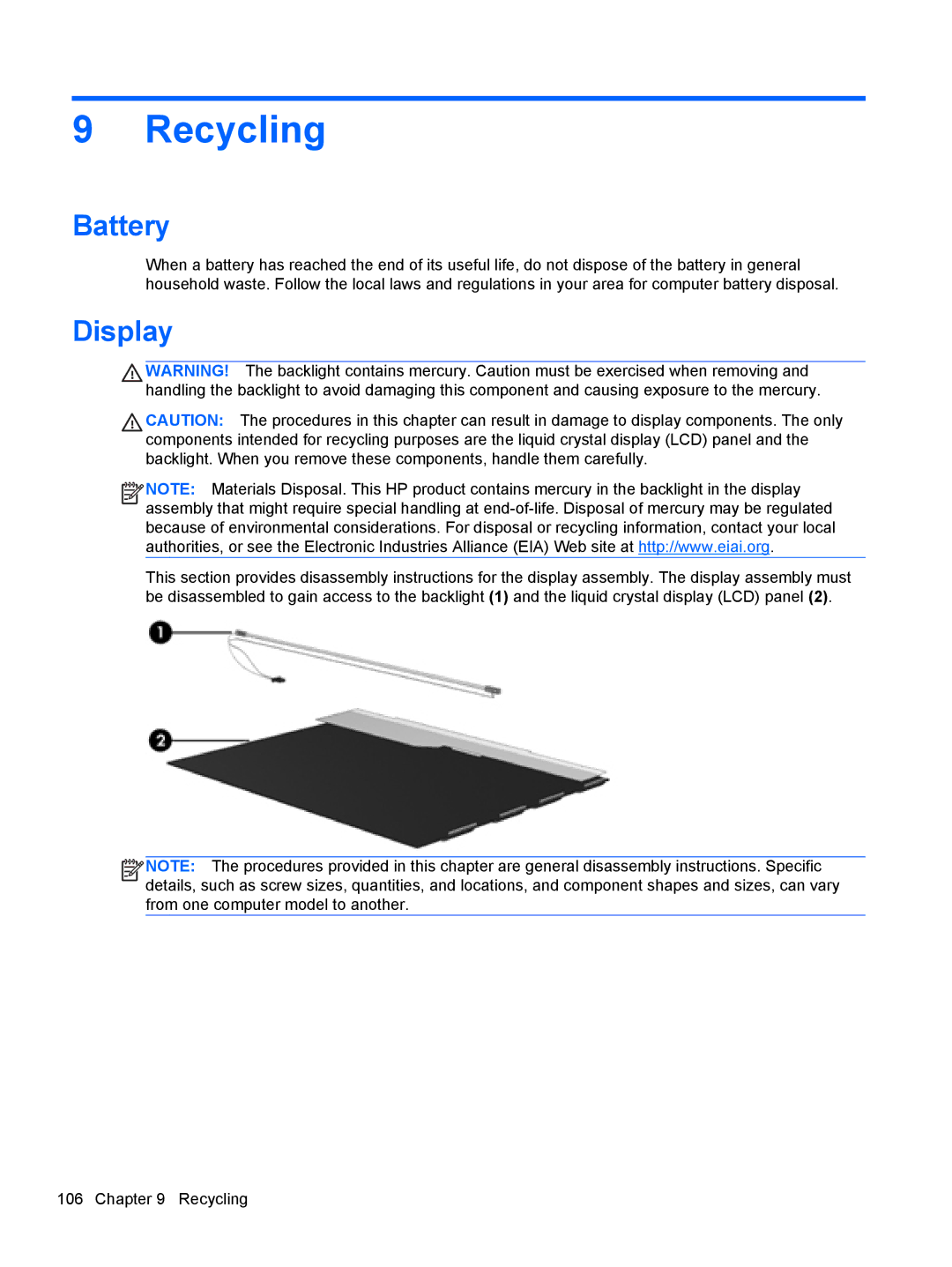 HP LJ461UT manual Recycling, Battery 