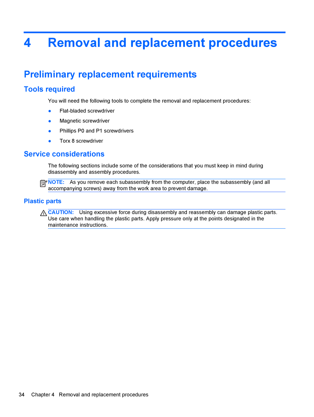 HP LJ461UT manual Removal and replacement procedures, Preliminary replacement requirements, Tools required 