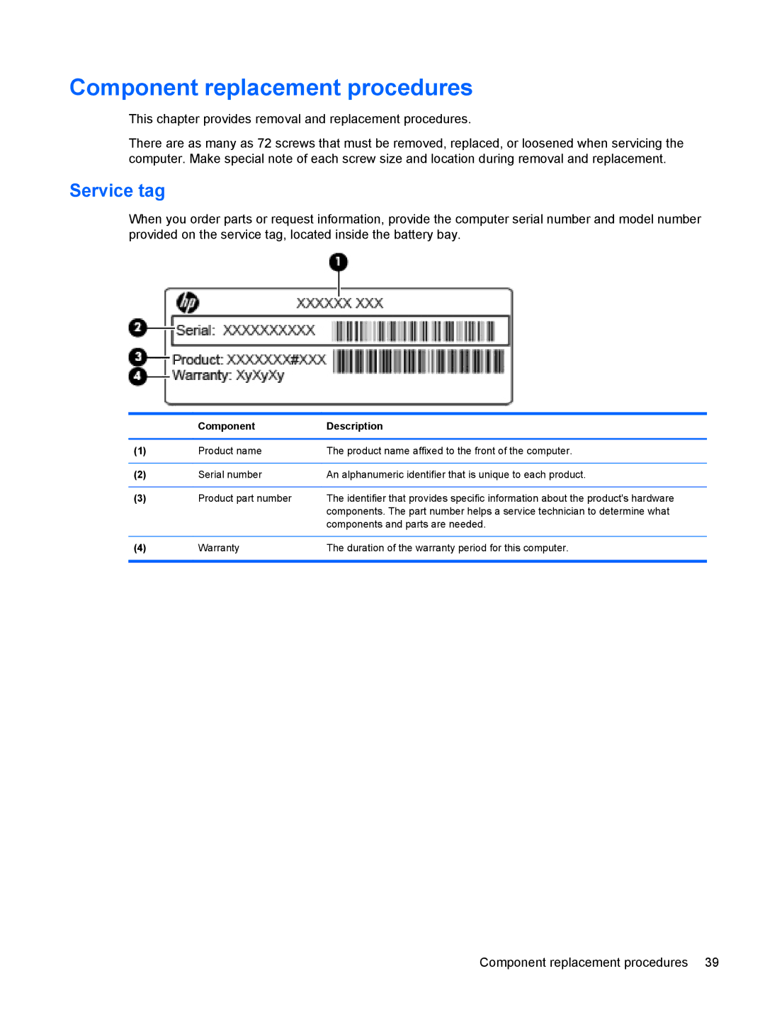 HP LJ461UT manual Component replacement procedures, Service tag 