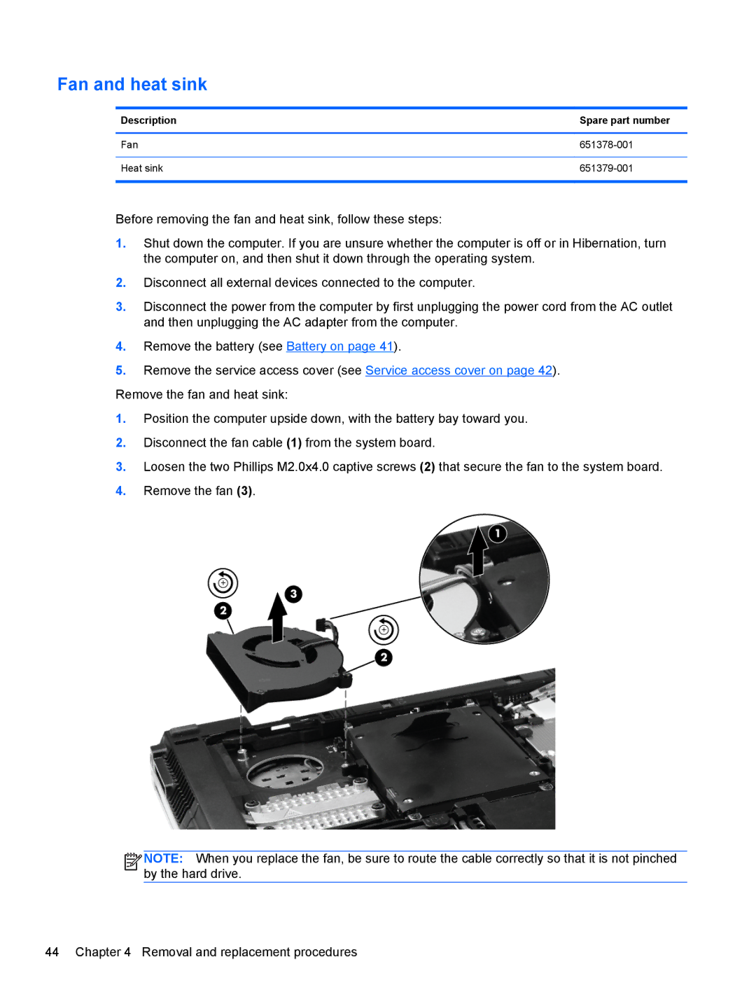 HP LJ461UT manual Fan and heat sink, Description Spare part number 