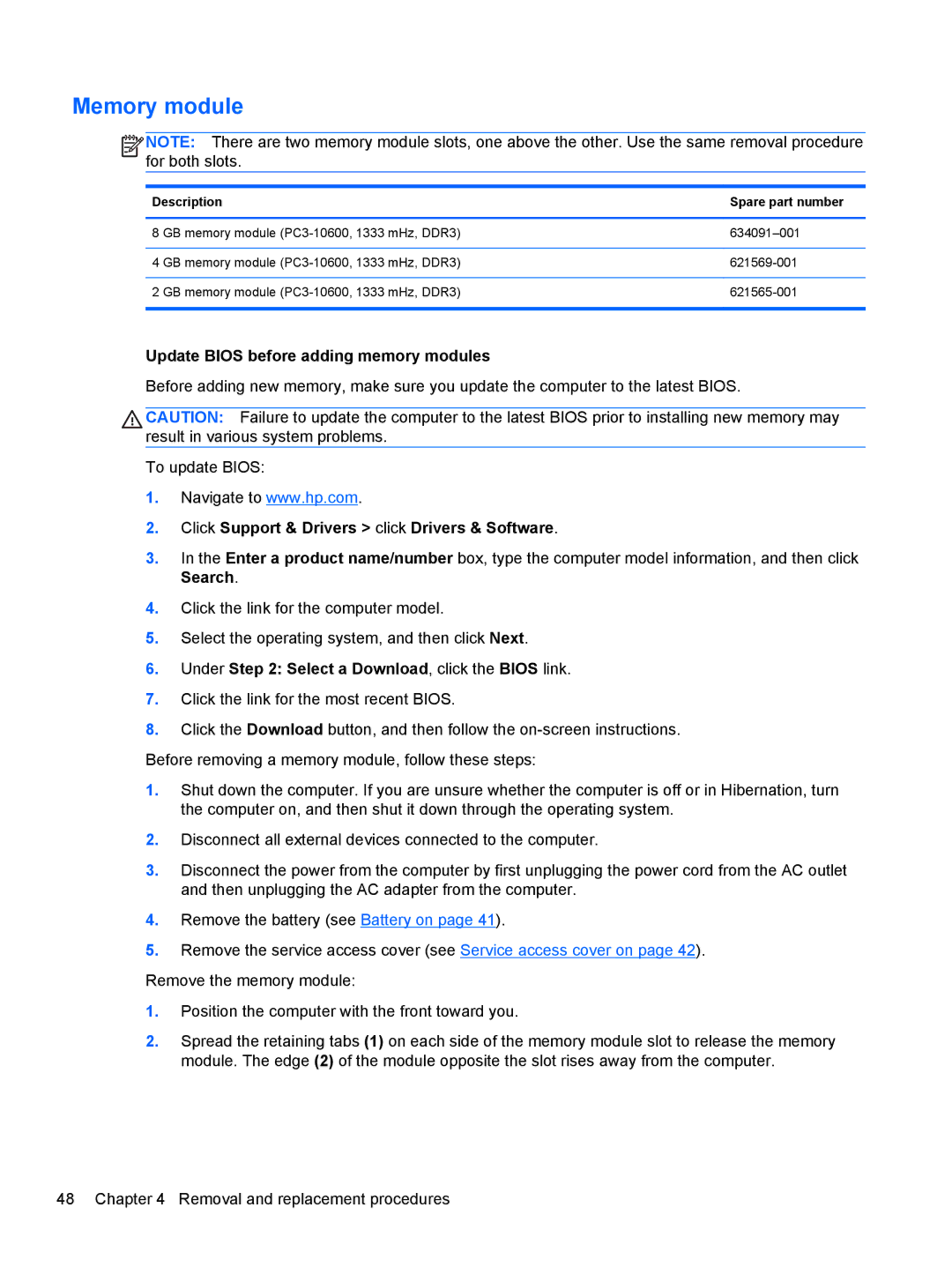 HP LJ461UT manual Memory module, Update Bios before adding memory modules 