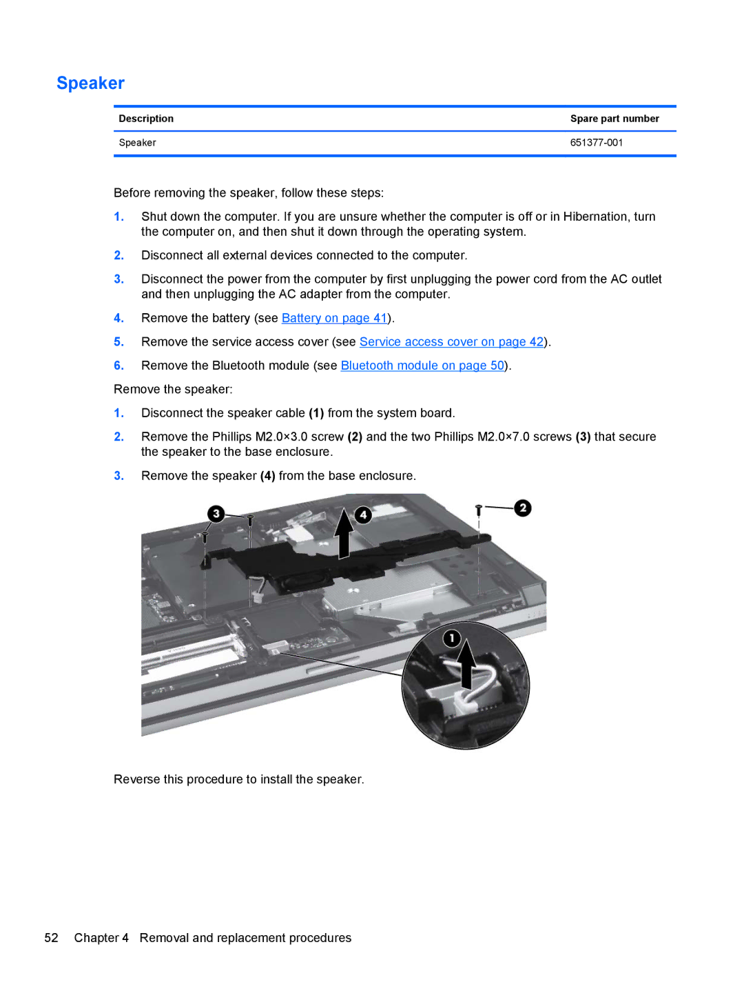 HP LJ461UT manual Description Spare part number Speaker 651377-001 