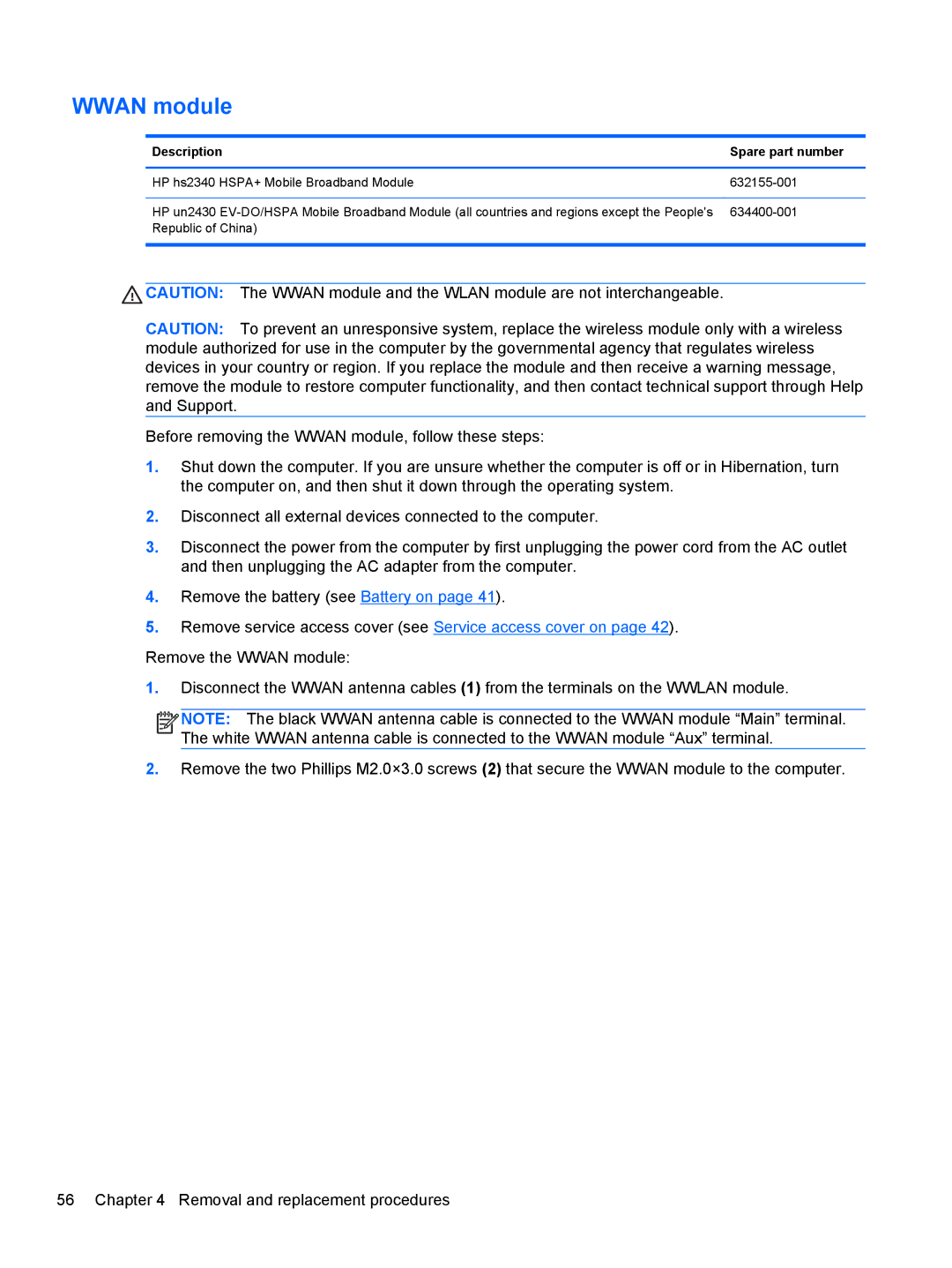 HP LJ461UT manual Wwan module, Description Spare part number 