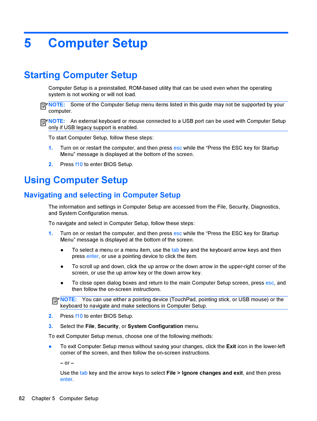 HP LJ461UT manual Starting Computer Setup, Using Computer Setup, Navigating and selecting in Computer Setup 