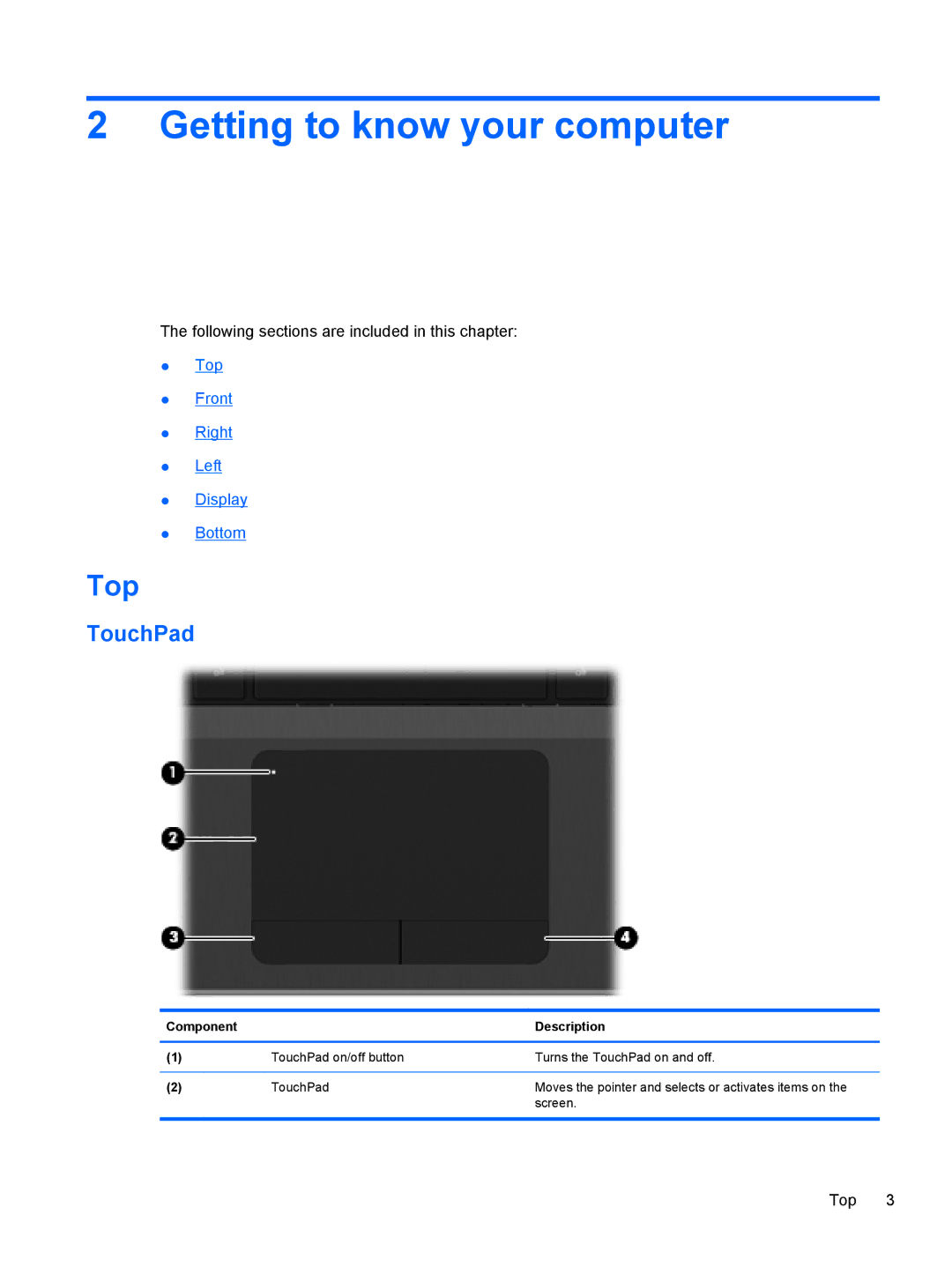 HP LJ475UT manual Getting to know your computer, Top, TouchPad 