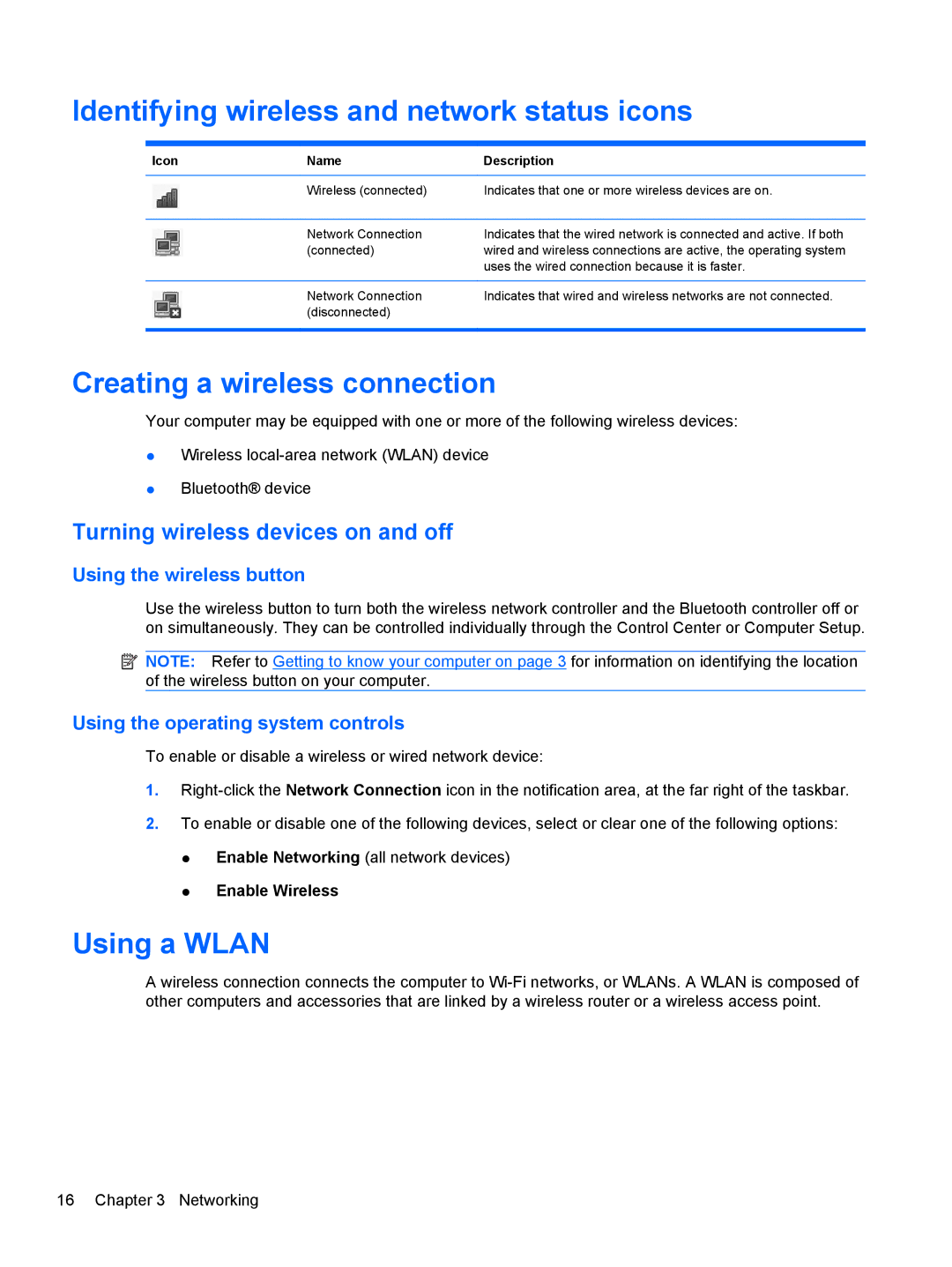 HP LJ475UT manual Identifying wireless and network status icons, Creating a wireless connection, Using a Wlan 