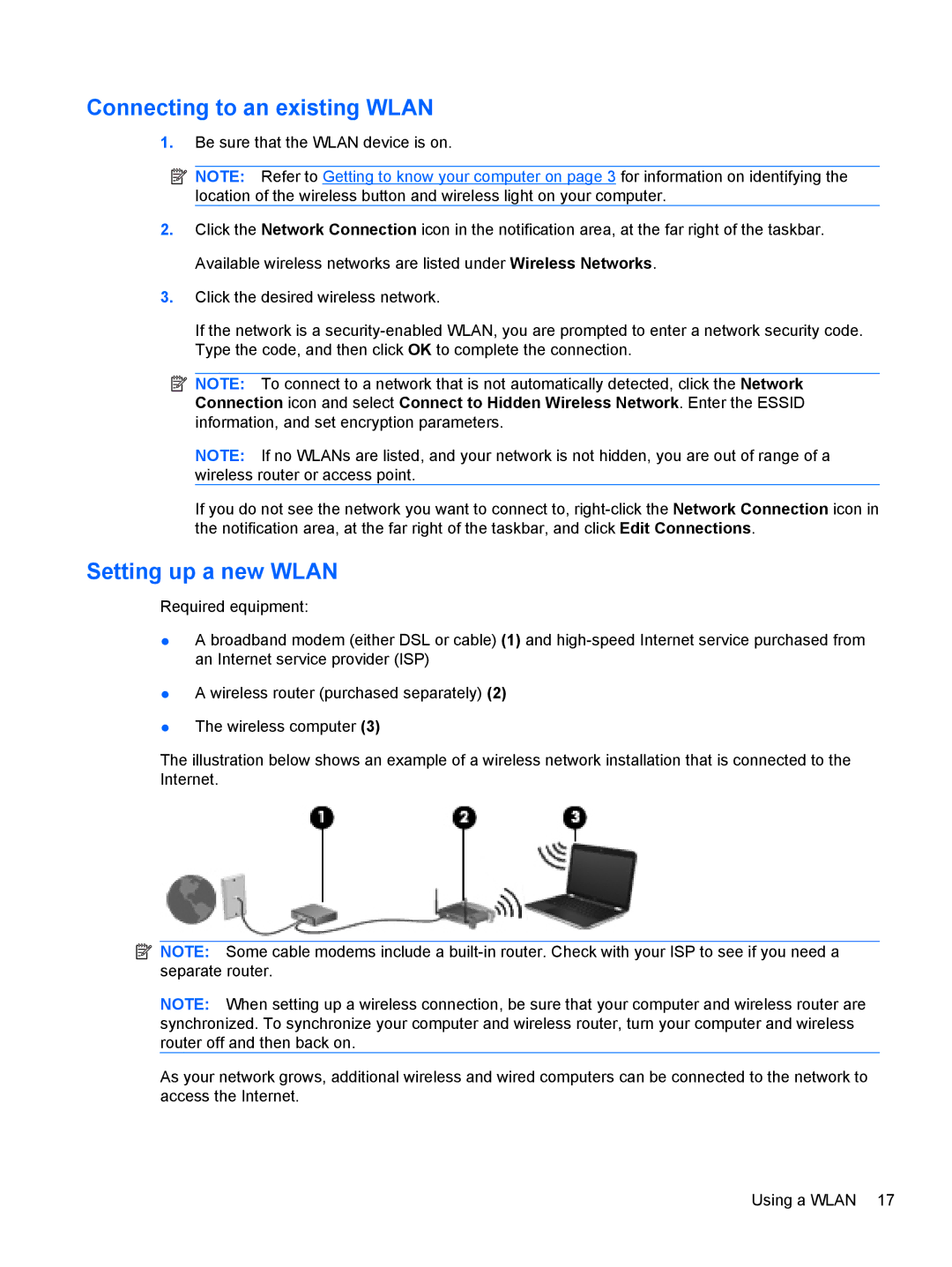 HP LJ475UT manual Connecting to an existing Wlan, Setting up a new Wlan 