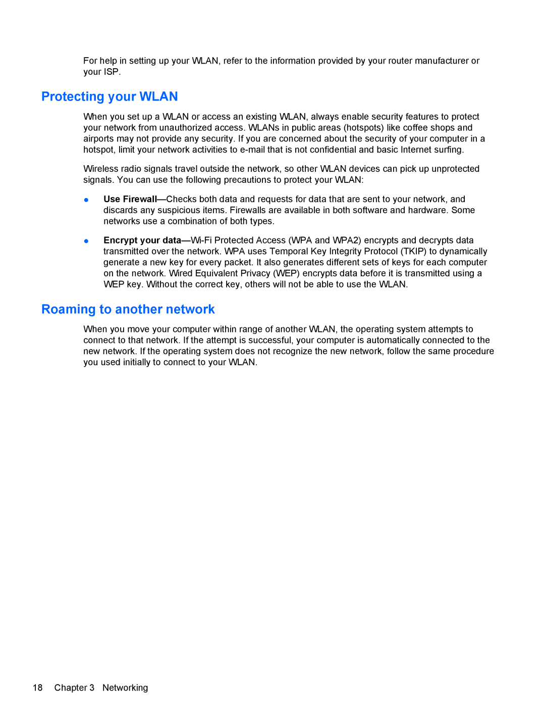 HP LJ475UT manual Protecting your Wlan, Roaming to another network 