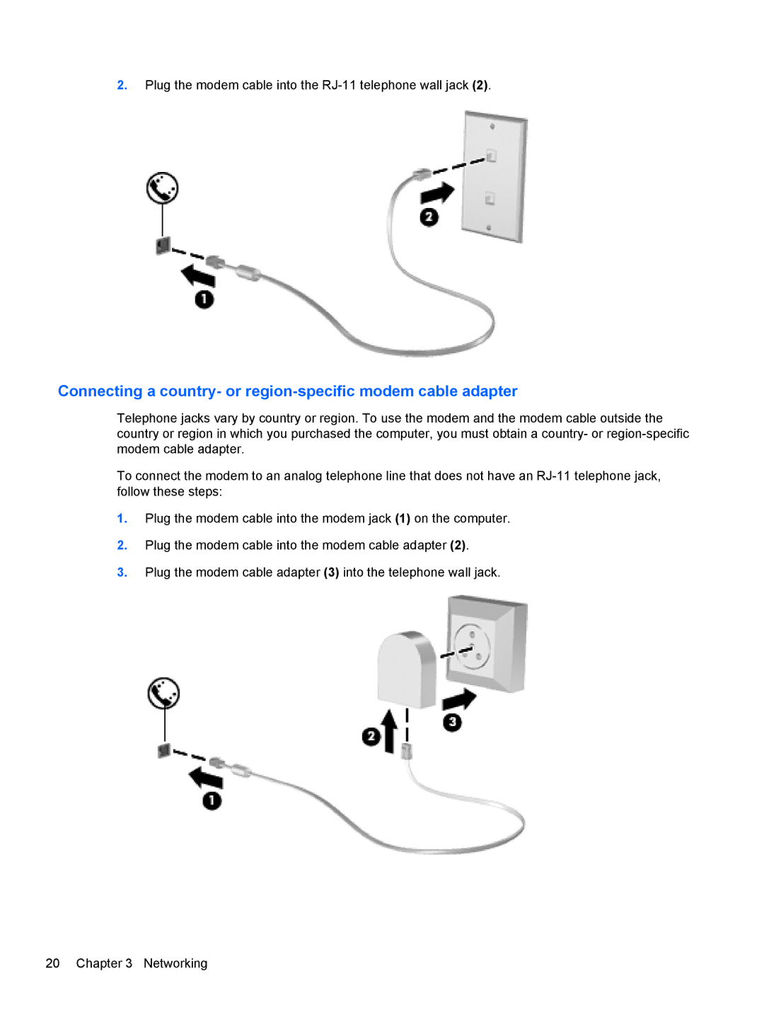 HP LJ475UT manual Connecting a country- or region-specific modem cable adapter 