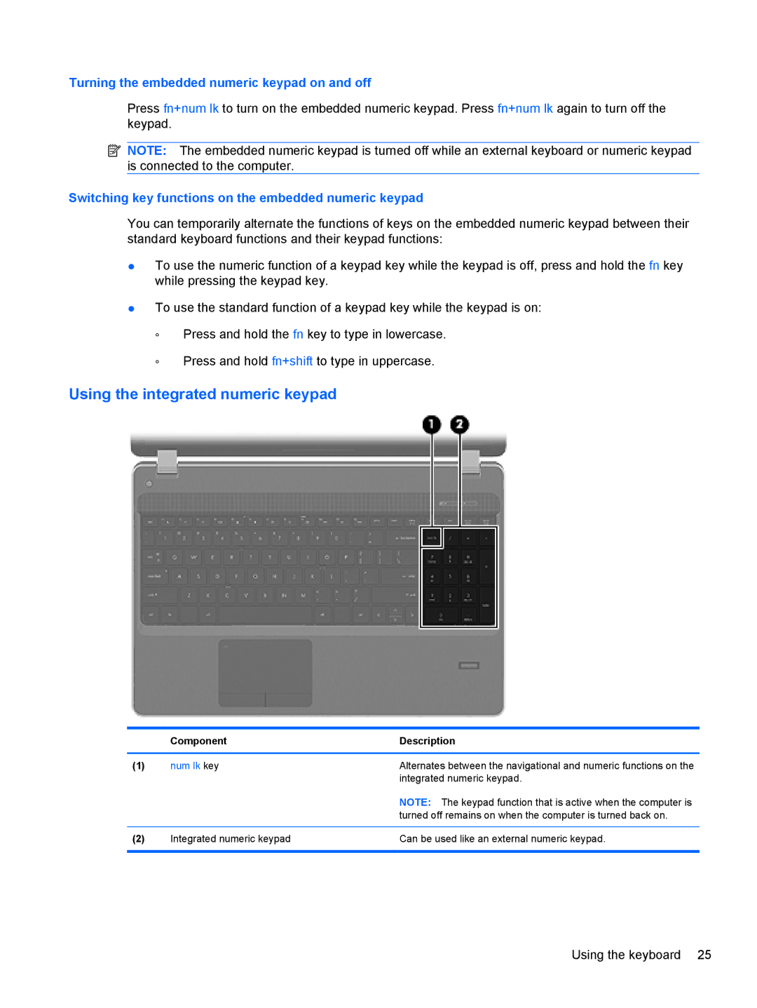 HP LJ475UT manual Using the integrated numeric keypad, Turning the embedded numeric keypad on and off 