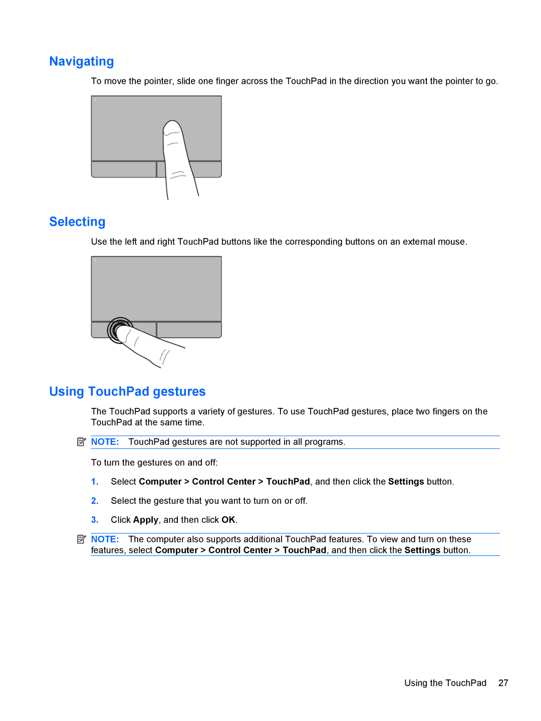 HP LJ475UT manual Navigating, Selecting, Using TouchPad gestures 