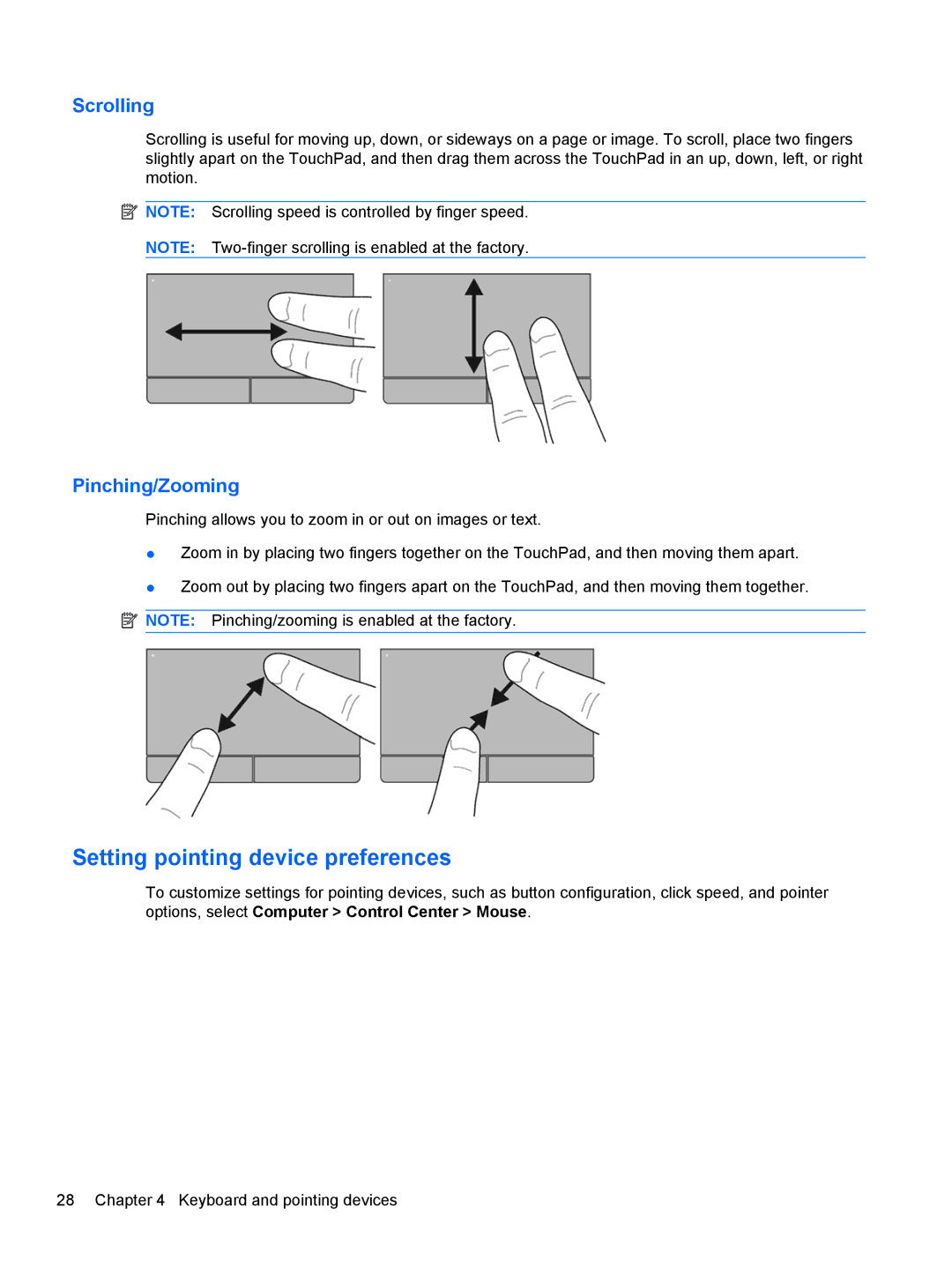 HP LJ475UT manual Setting pointing device preferences, Scrolling, Pinching/Zooming 