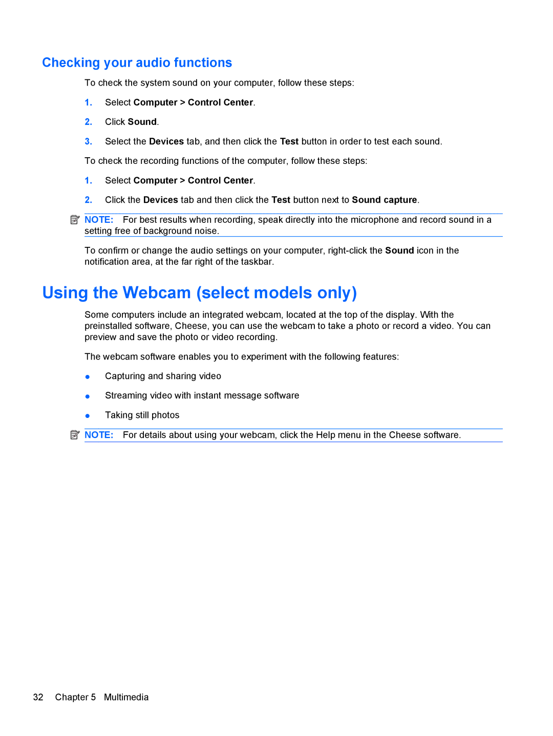 HP LJ475UT manual Using the Webcam select models only, Checking your audio functions 