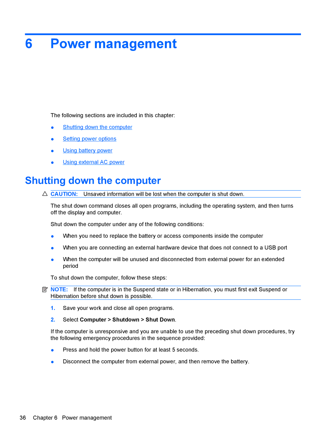 HP LJ475UT manual Power management, Shutting down the computer 