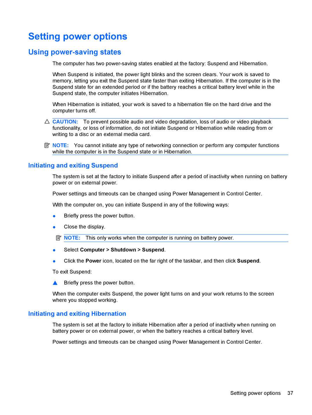 HP LJ475UT manual Setting power options, Using power-saving states, Initiating and exiting Suspend 