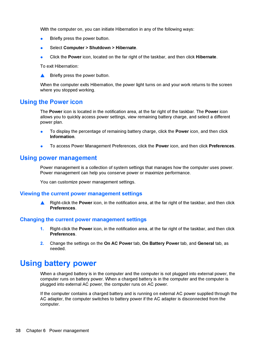 HP LJ475UT manual Using battery power, Using the Power icon, Using power management 