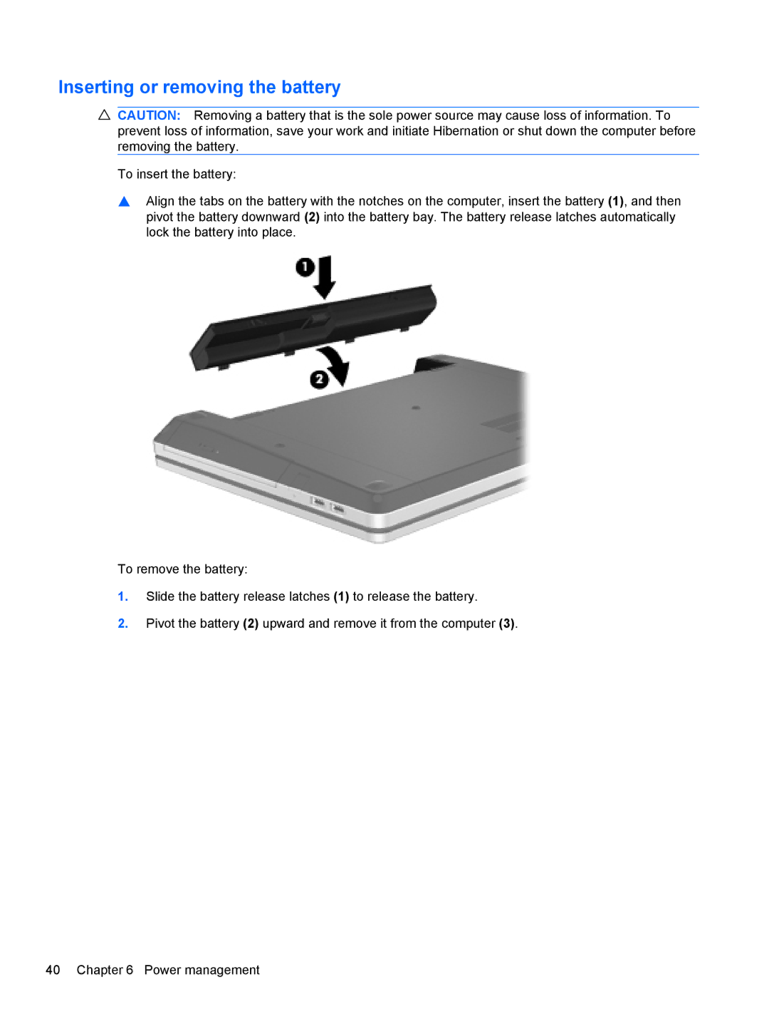 HP LJ475UT manual Inserting or removing the battery 