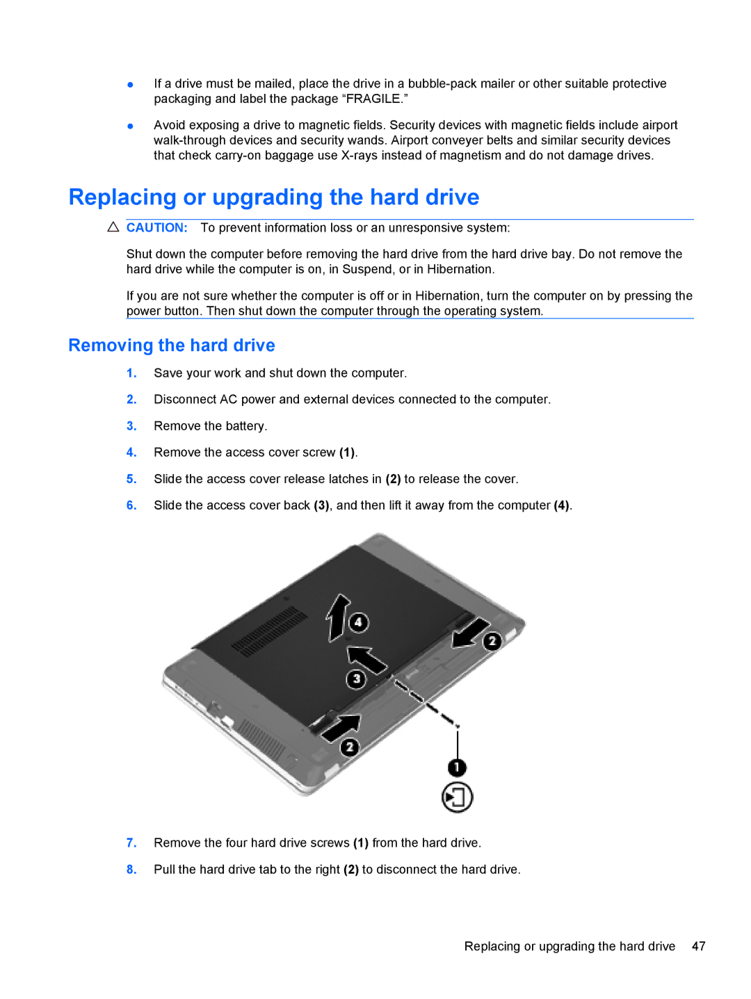 HP LJ475UT manual Replacing or upgrading the hard drive, Removing the hard drive 