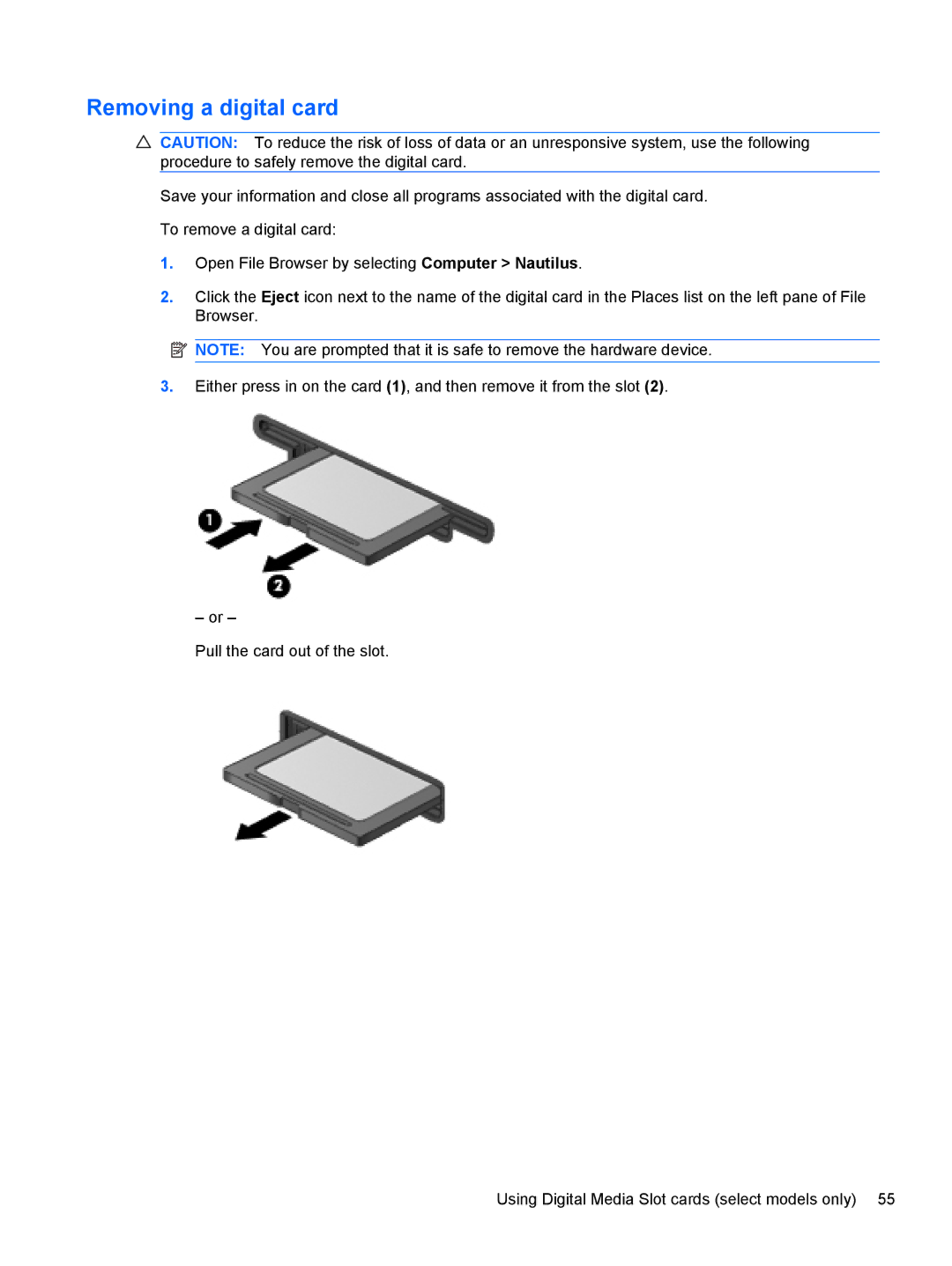 HP LJ475UT manual Removing a digital card 