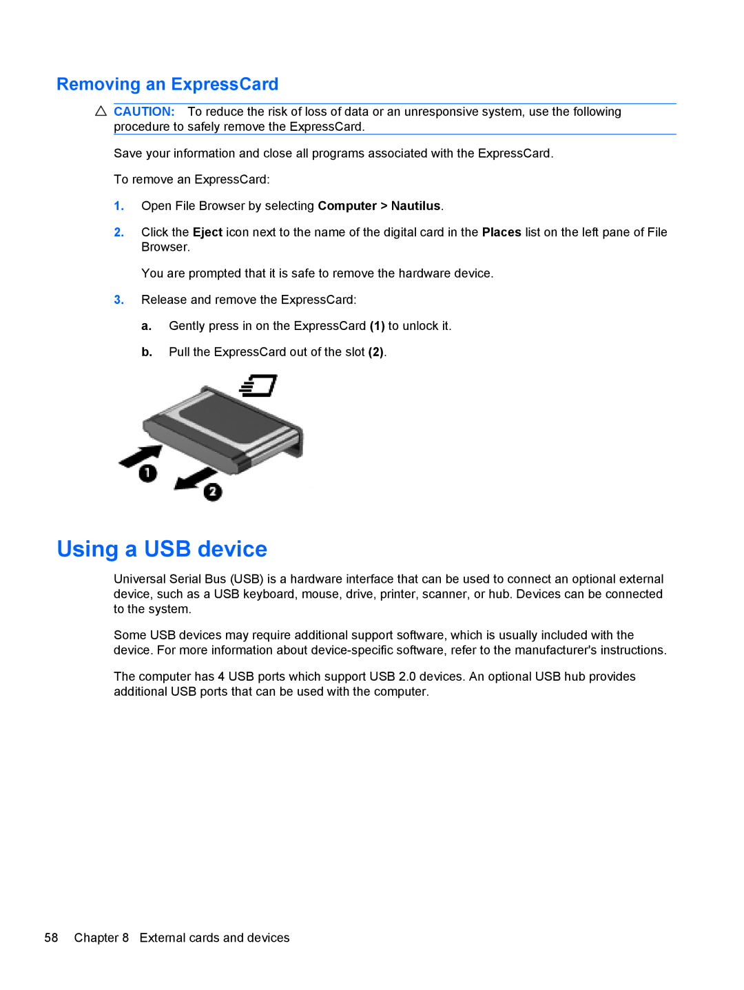 HP LJ475UT manual Using a USB device, Removing an ExpressCard 