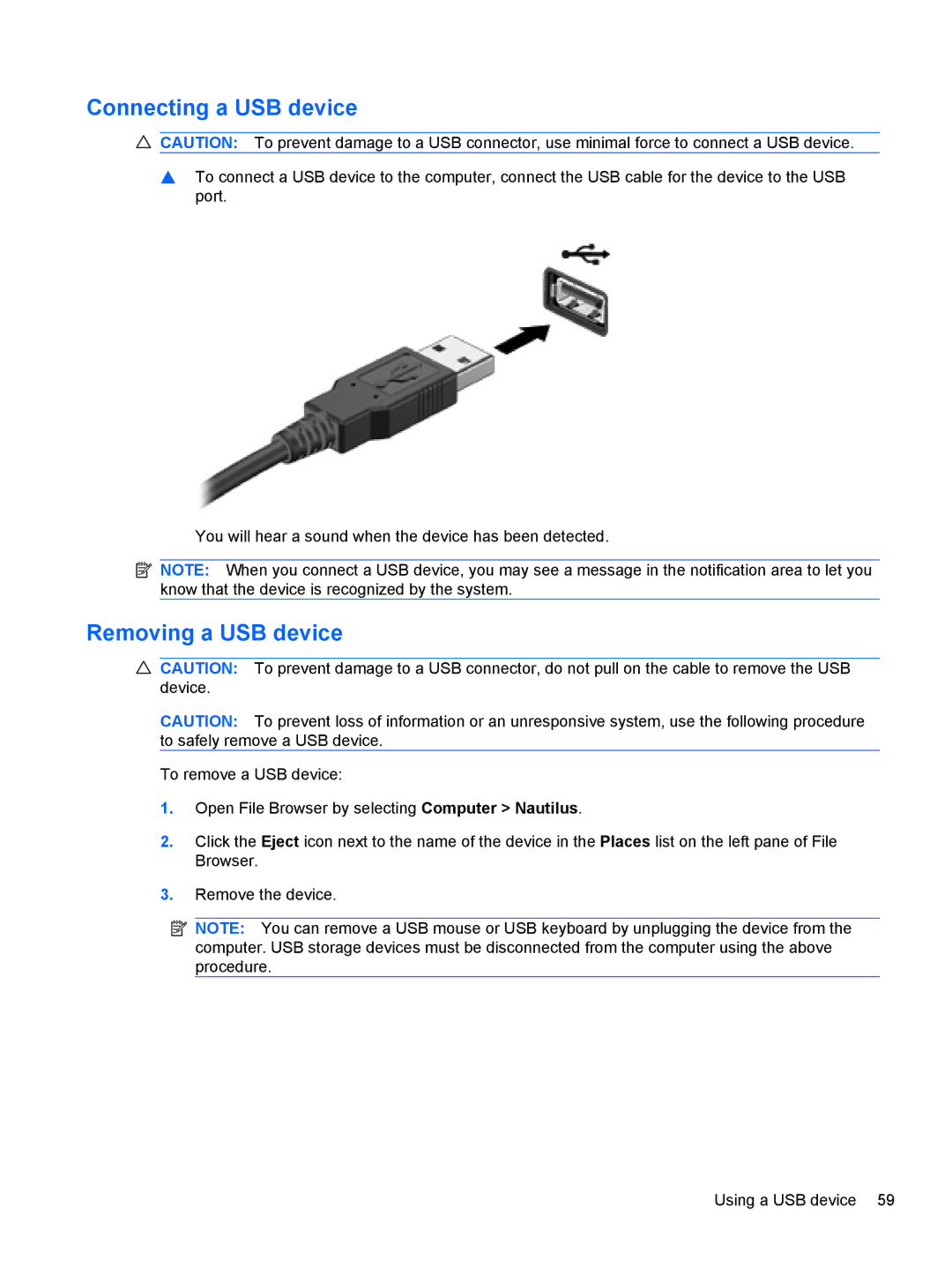 HP LJ475UT manual Connecting a USB device, Removing a USB device 