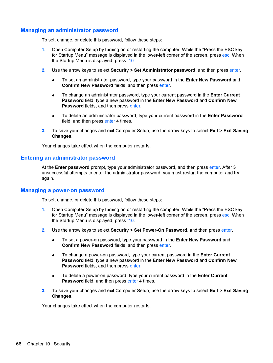 HP LJ475UT manual Managing an administrator password, Entering an administrator password, Managing a power-on password 