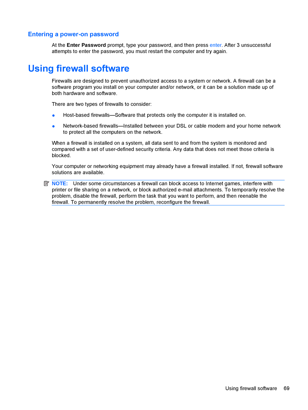 HP LJ475UT manual Using firewall software, Entering a power-on password 