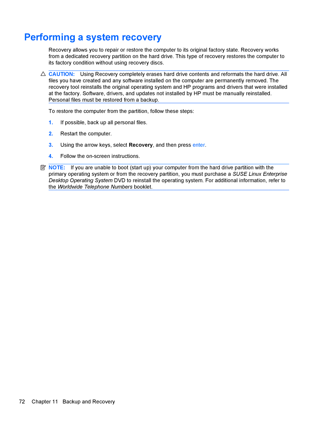 HP LJ475UT manual Performing a system recovery 