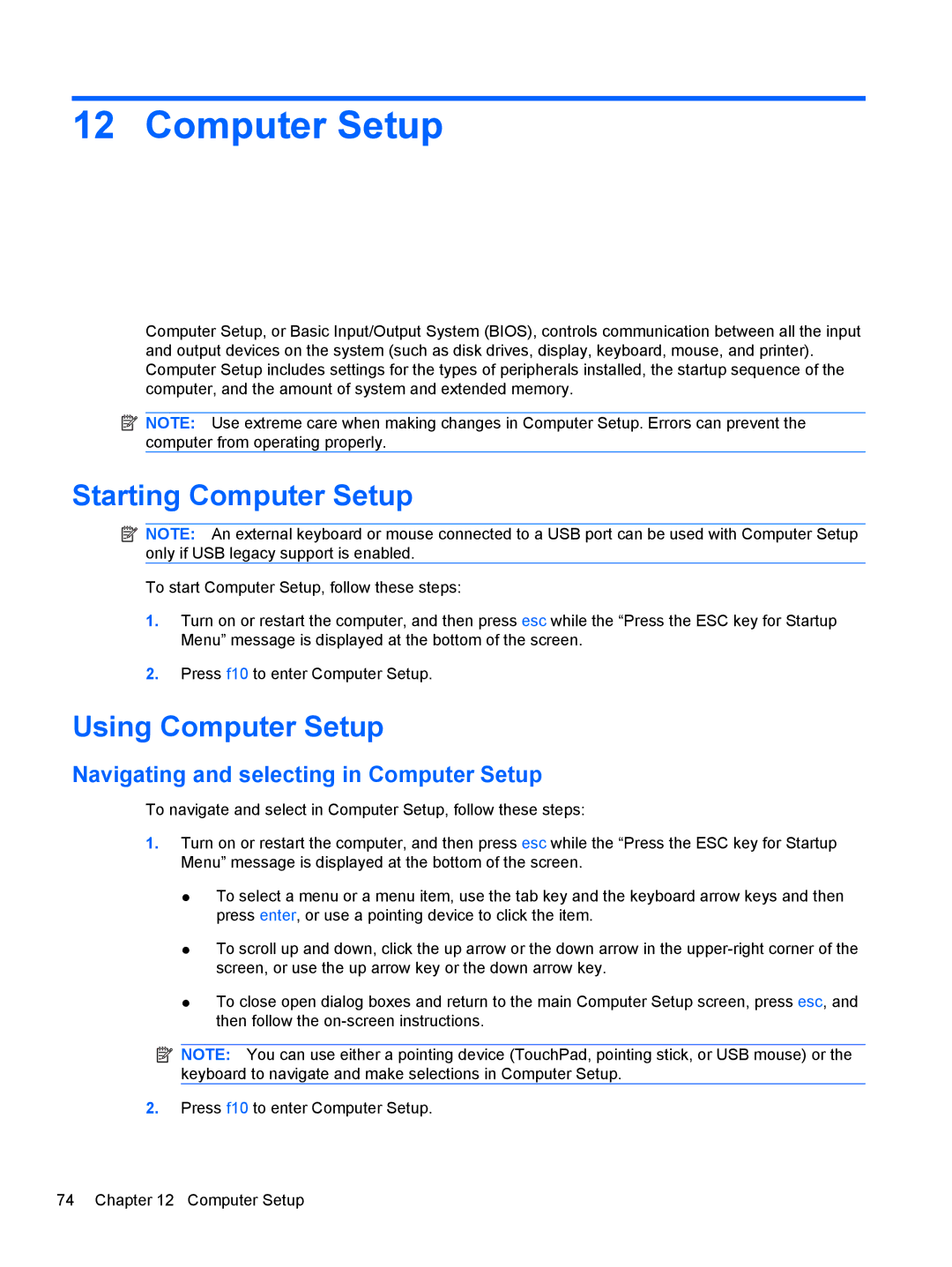 HP LJ475UT manual Starting Computer Setup, Using Computer Setup, Navigating and selecting in Computer Setup 