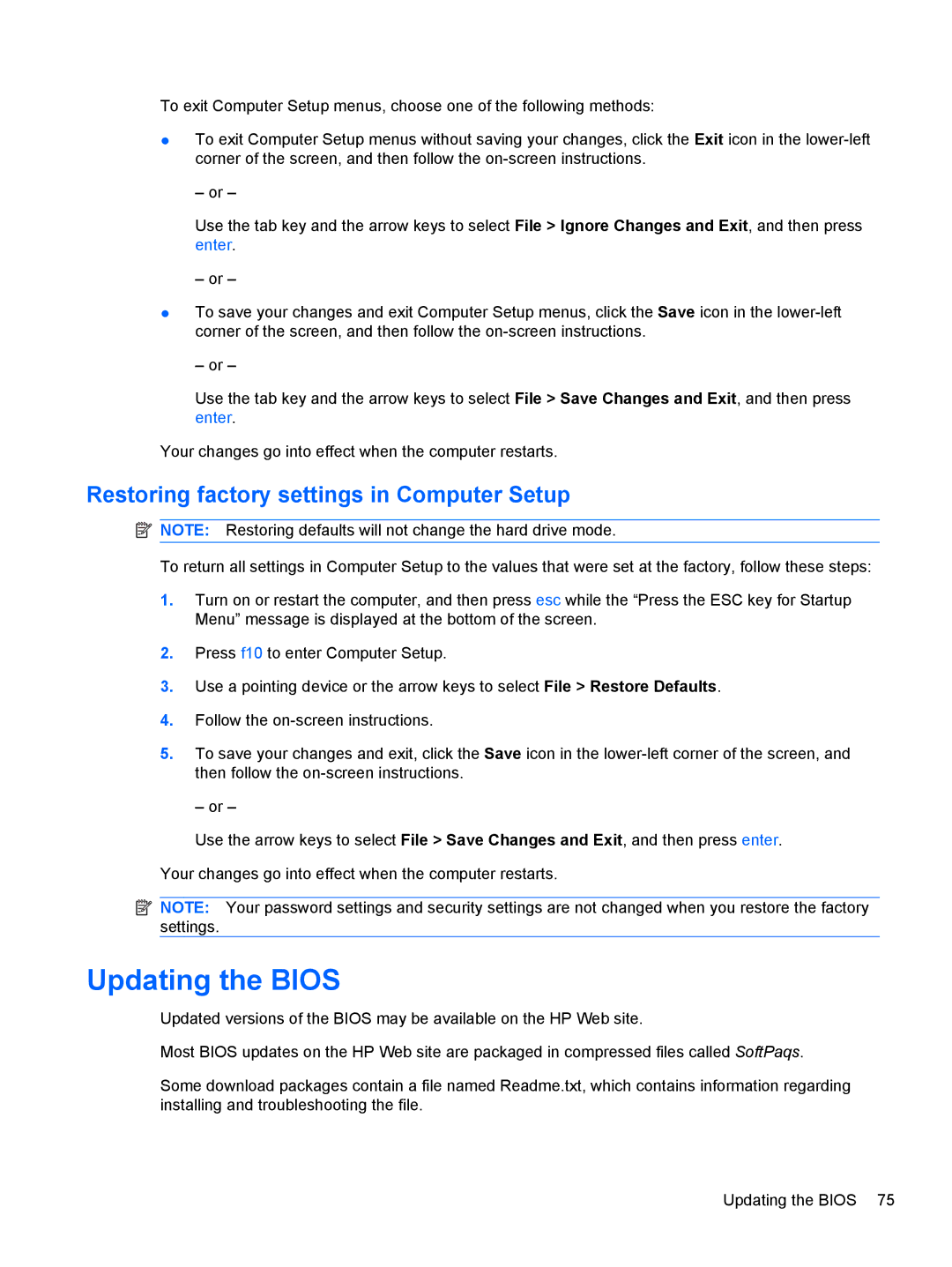 HP LJ475UT manual Updating the Bios, Restoring factory settings in Computer Setup 