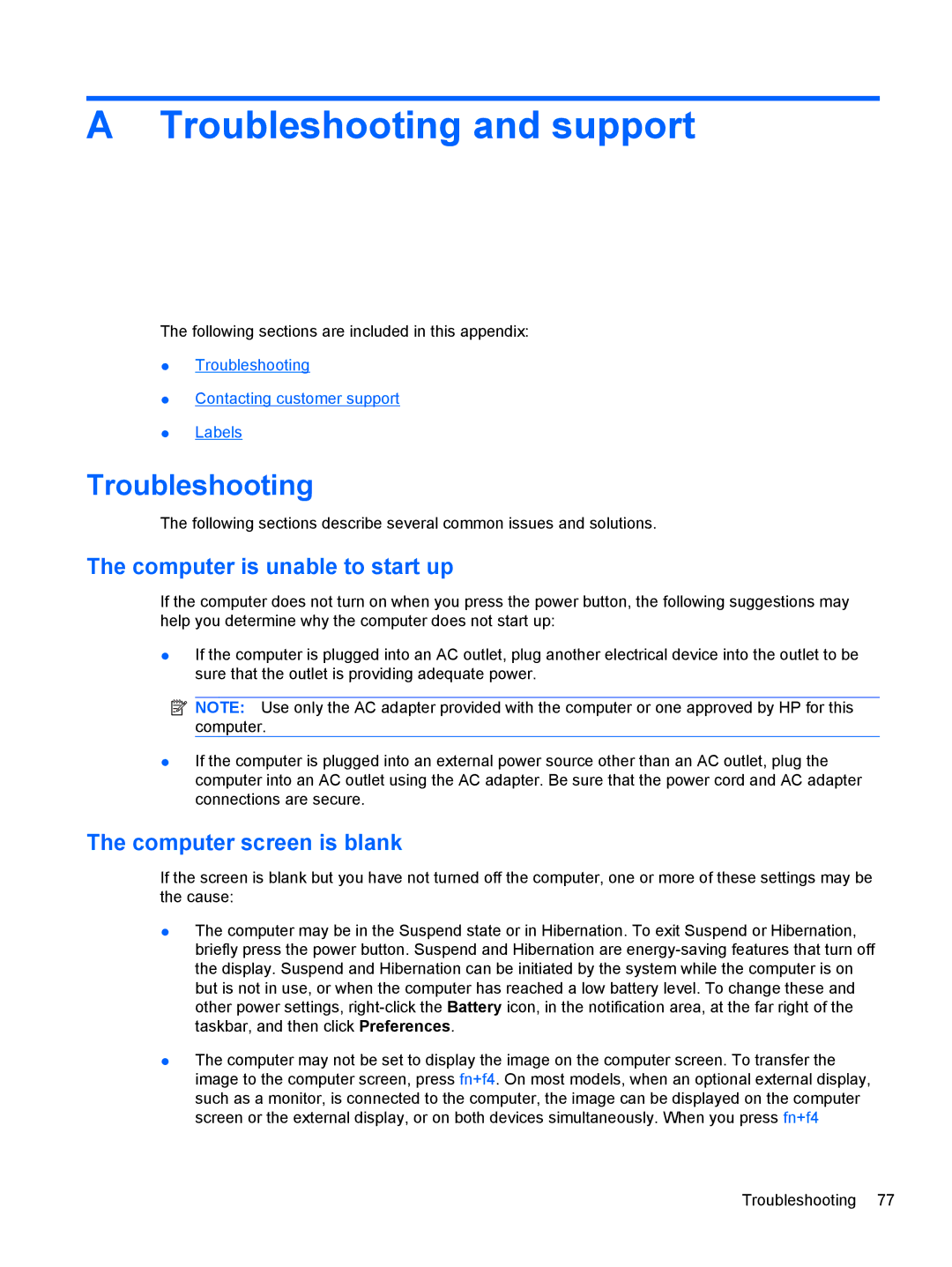 HP LJ475UT manual Troubleshooting and support, Computer is unable to start up, Computer screen is blank 