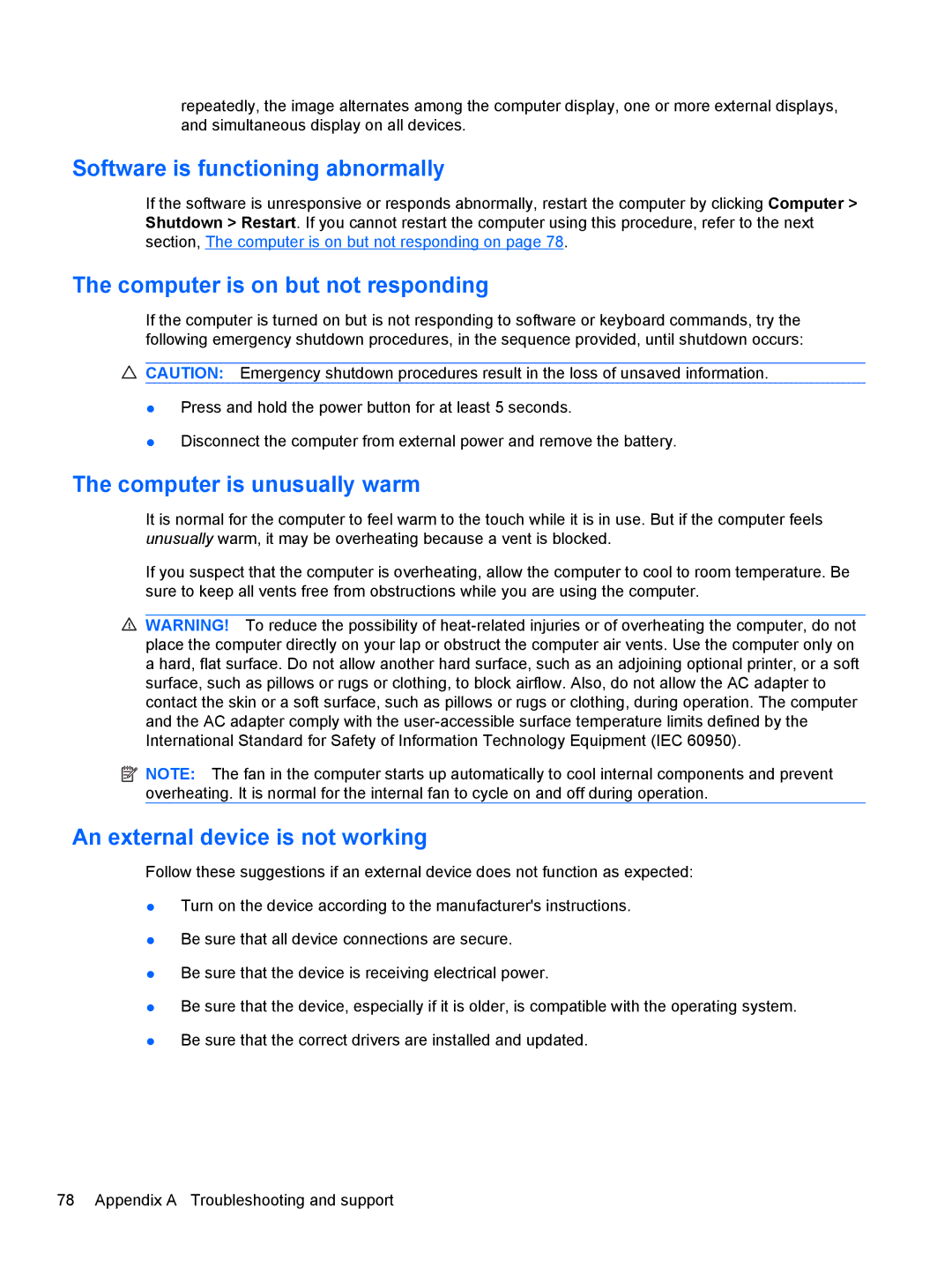 HP LJ475UT manual Software is functioning abnormally, Computer is on but not responding, Computer is unusually warm 