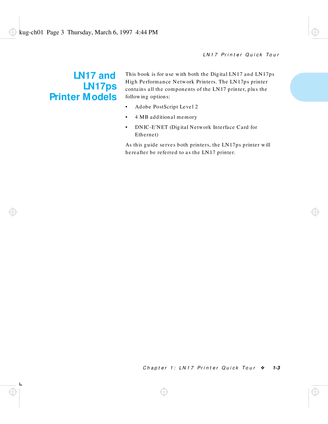 HP manual LN17 LN17ps Printer Models, Kug-ch01 Page 3 Thursday, March 6, 1997 444 PM 