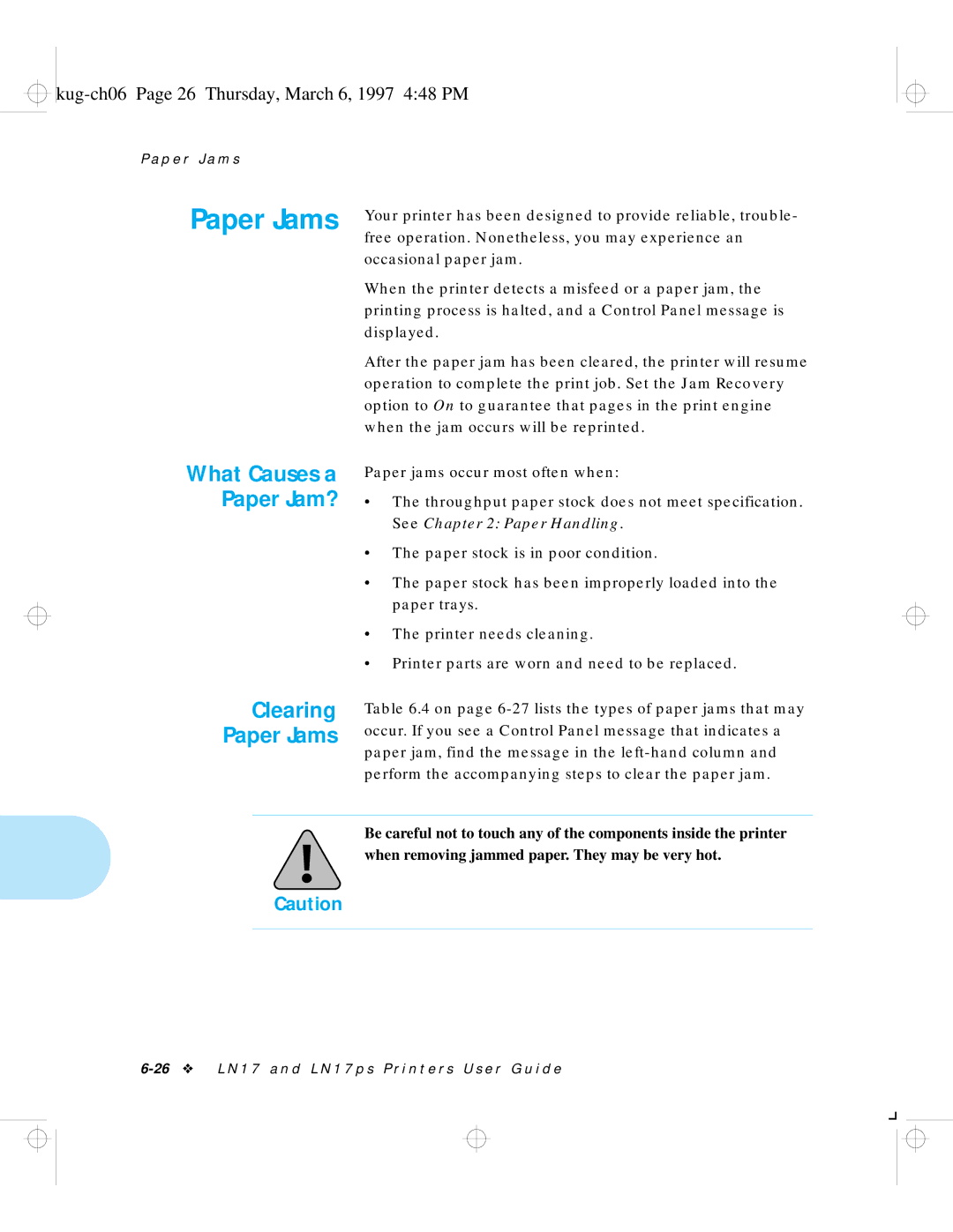 HP LN17 manual Paper Jam?, Clearing, Paper Jams, Kug-ch06 Page 26 Thursday, March 6, 1997 448 PM 