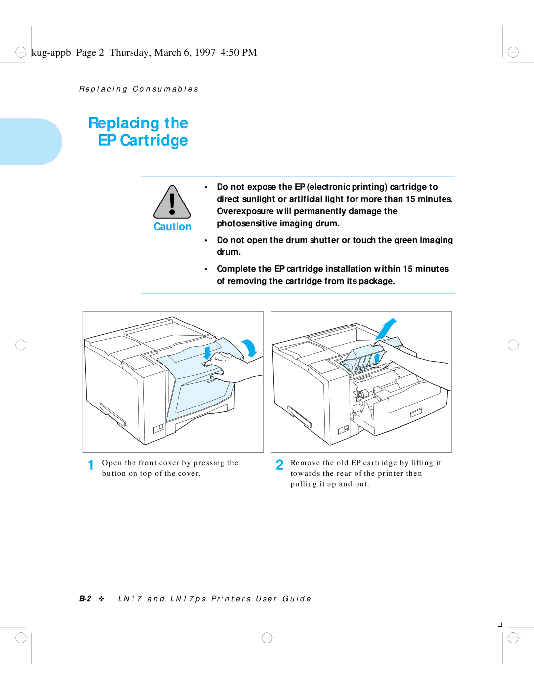 HP LN17 manual Replacing EP Cartridge, Kug-appb Page 2 Thursday, March 6, 1997 450 PM 