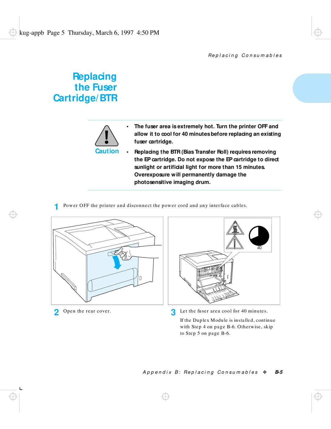 HP LN17 manual Replacing Fuser Cartridge/BTR, Kug-appb Page 5 Thursday, March 6, 1997 450 PM 